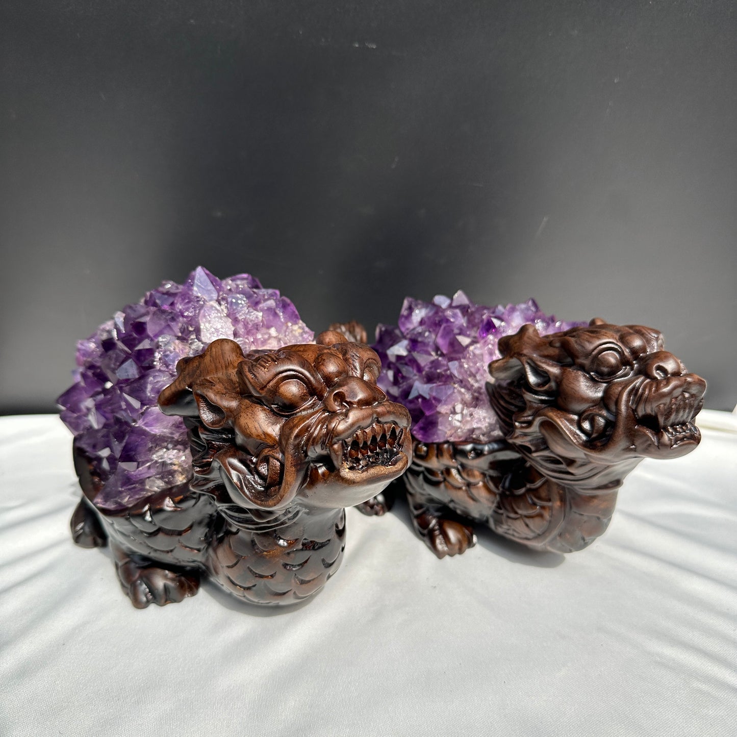Exclusive Pair of Amethyst Dragon Turtles on Ebony Wood Stands, Hobo Original Design Feng Shui Wealth Decor, Sugar Druzy Crystal Set 14lb