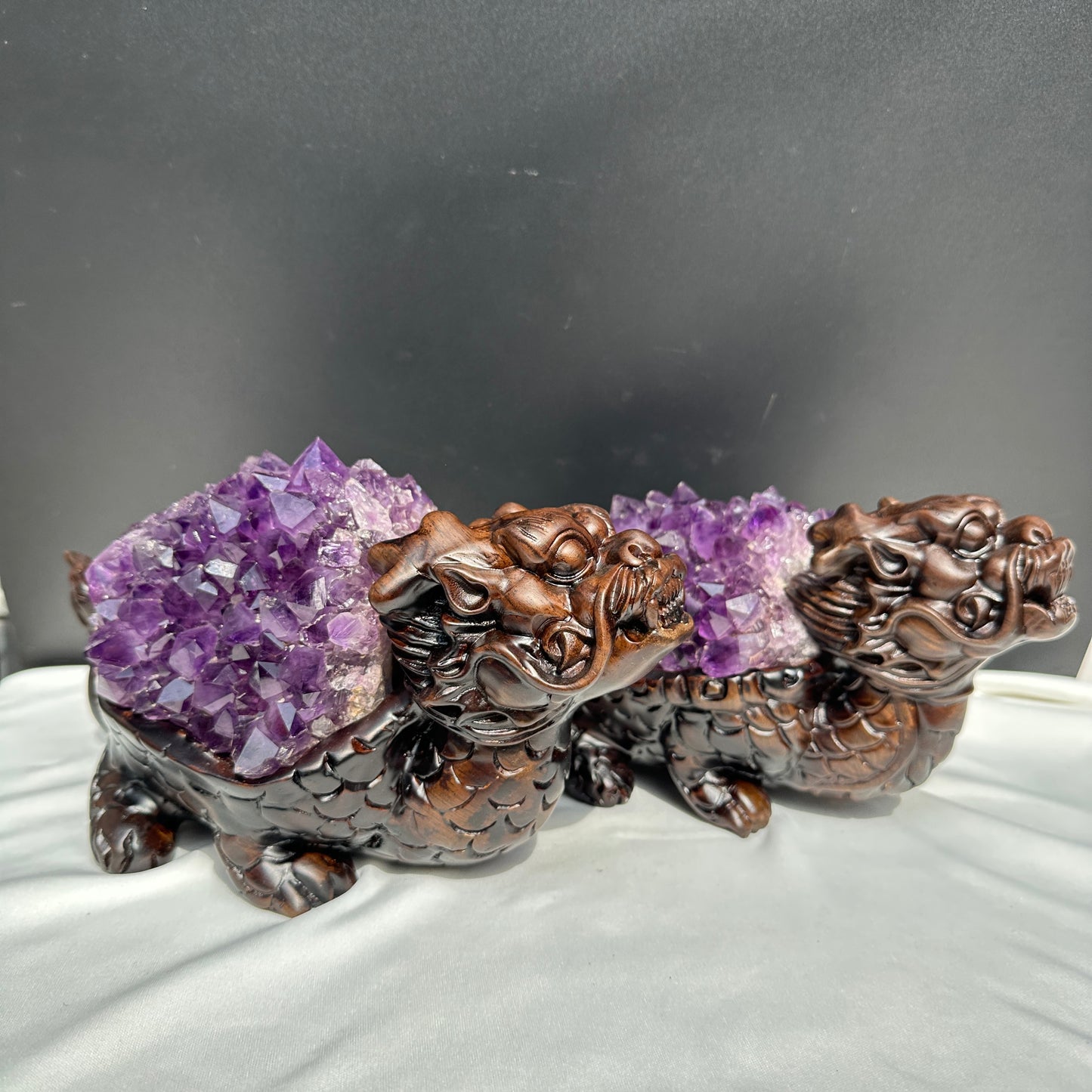 Exclusive Pair of Amethyst Dragon Turtles on Ebony Wood Stands, Hobo Original Design Feng Shui Wealth Decor, Sugar Druzy Crystal Set 14lb