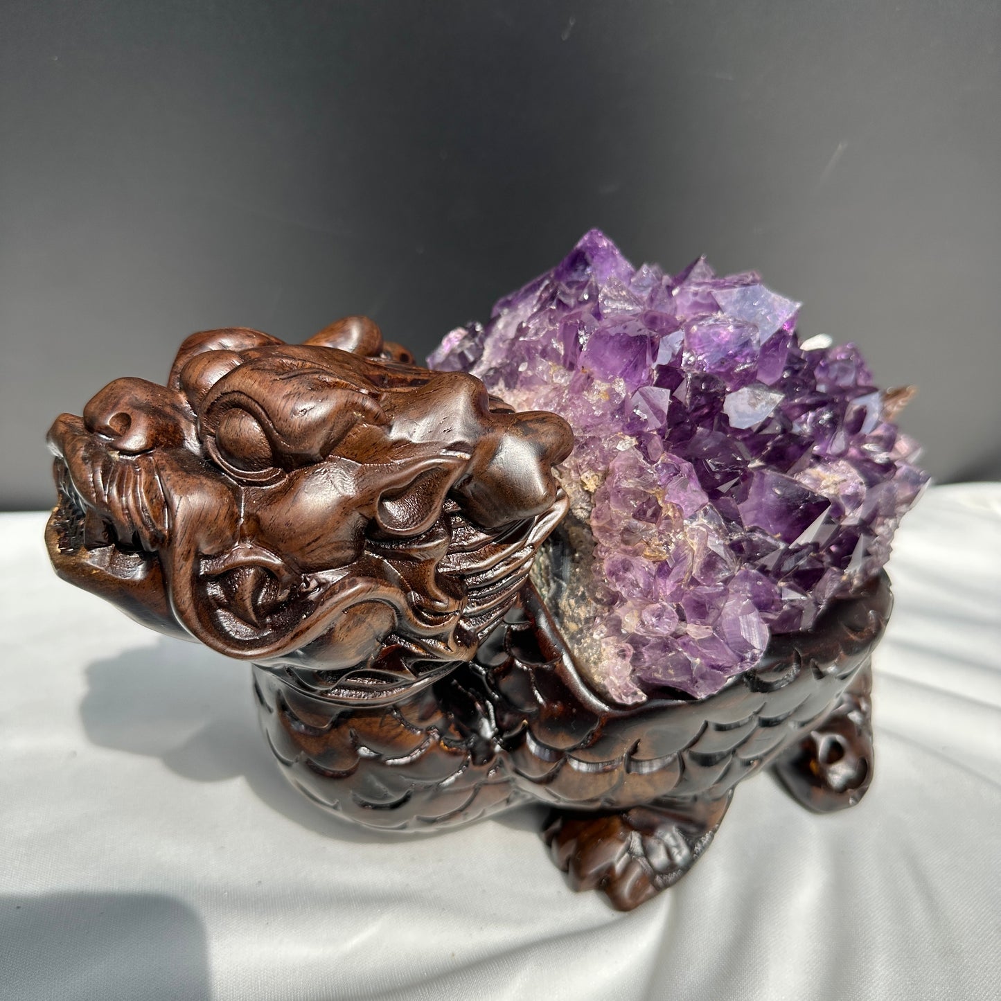 Exclusive Pair of Amethyst Dragon Turtles on Ebony Wood Stands, Hobo Original Design Feng Shui Wealth Decor, Sugar Druzy Crystal Set 14lb