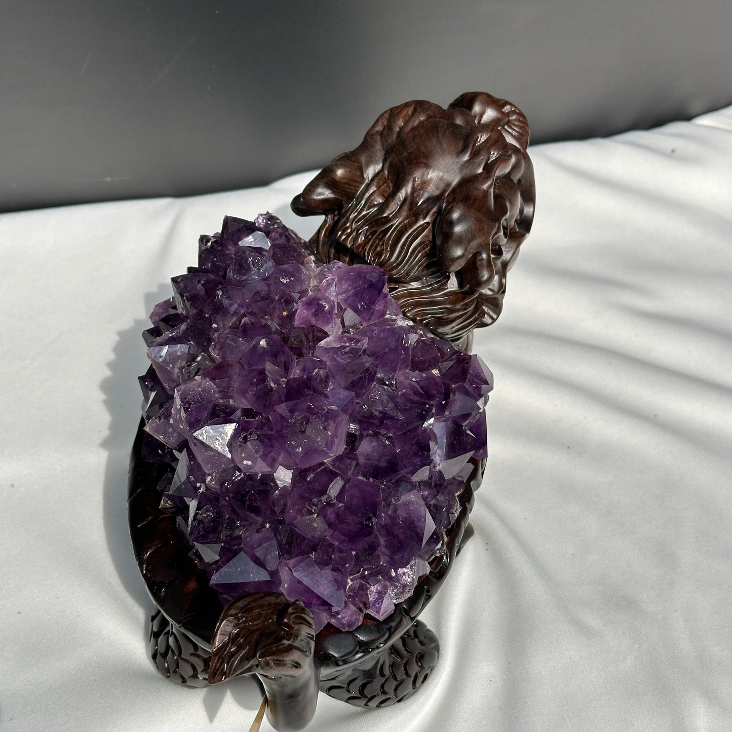 Exclusive Pair of Amethyst Dragon Turtles on Ebony Wood Stands, Hobo Original Design Feng Shui Wealth Decor, Sugar Druzy Crystal Set 14lb