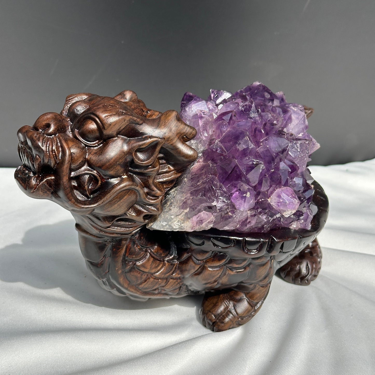 Exclusive Pair of Amethyst Dragon Turtles on Ebony Wood Stands, Hobo Original Design Feng Shui Wealth Decor, Sugar Druzy Crystal Set 14lb