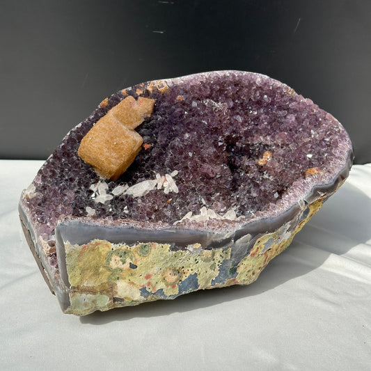 Huge Amethyst Geode Basin with Dual Calcite Symbiosis, Brazilian Crystal Wealth Bowl, Artisan Polished Specimen Exact 11.46lb