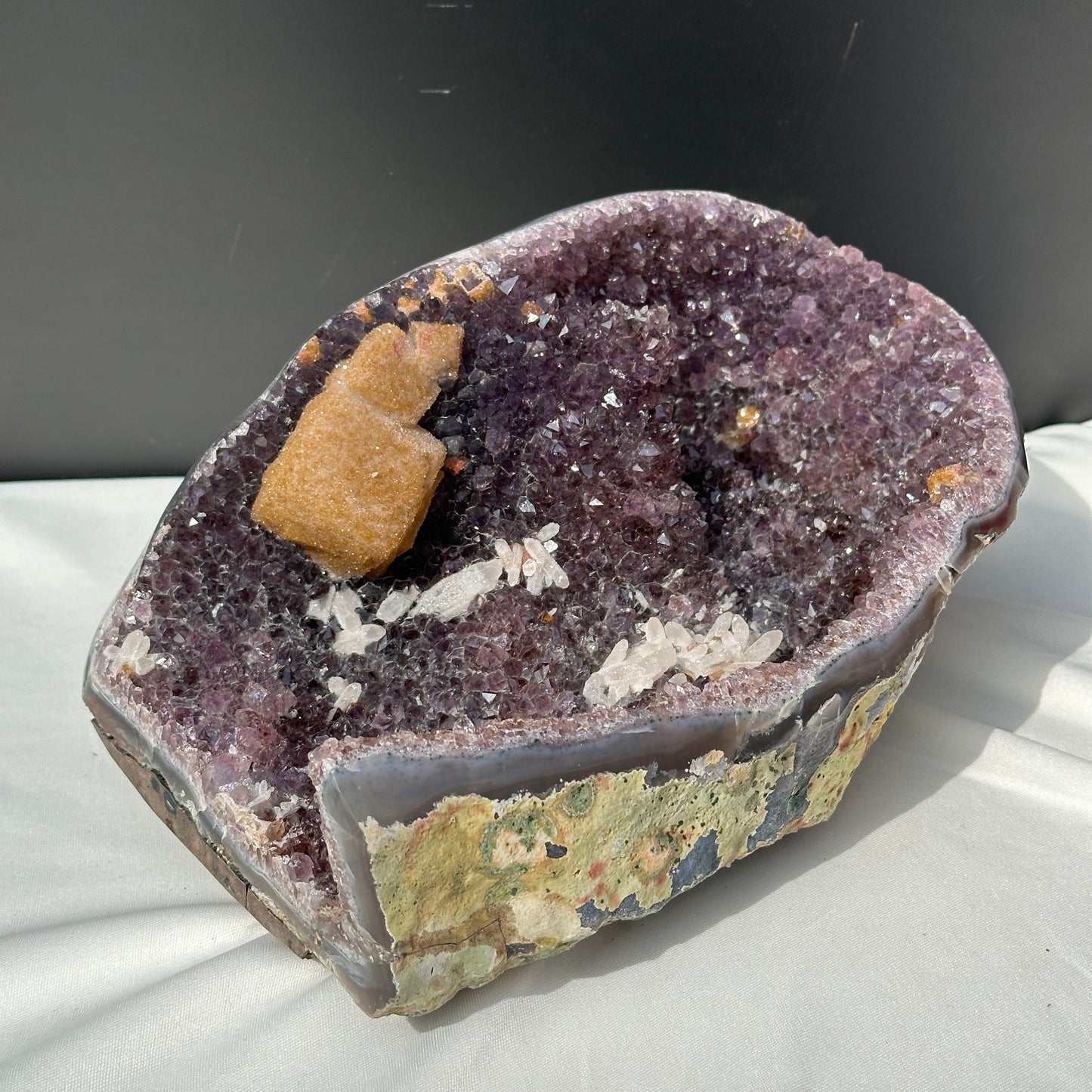 Huge Amethyst Geode Basin with Dual Calcite Symbiosis, Brazilian Crystal Wealth Bowl, Artisan Polished Specimen Exact 11.46lb
