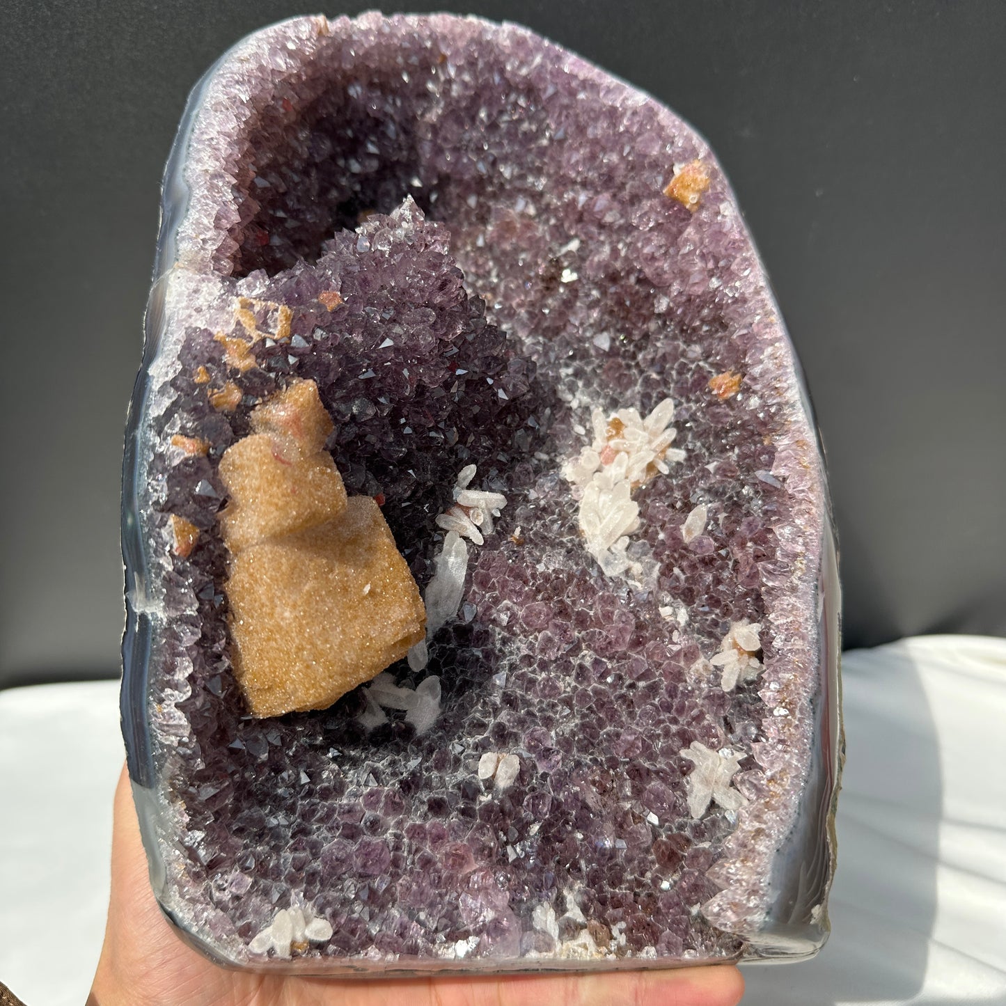 Huge Amethyst Geode Basin with Dual Calcite Symbiosis, Brazilian Crystal Wealth Bowl, Artisan Polished Specimen Exact 11.46lb