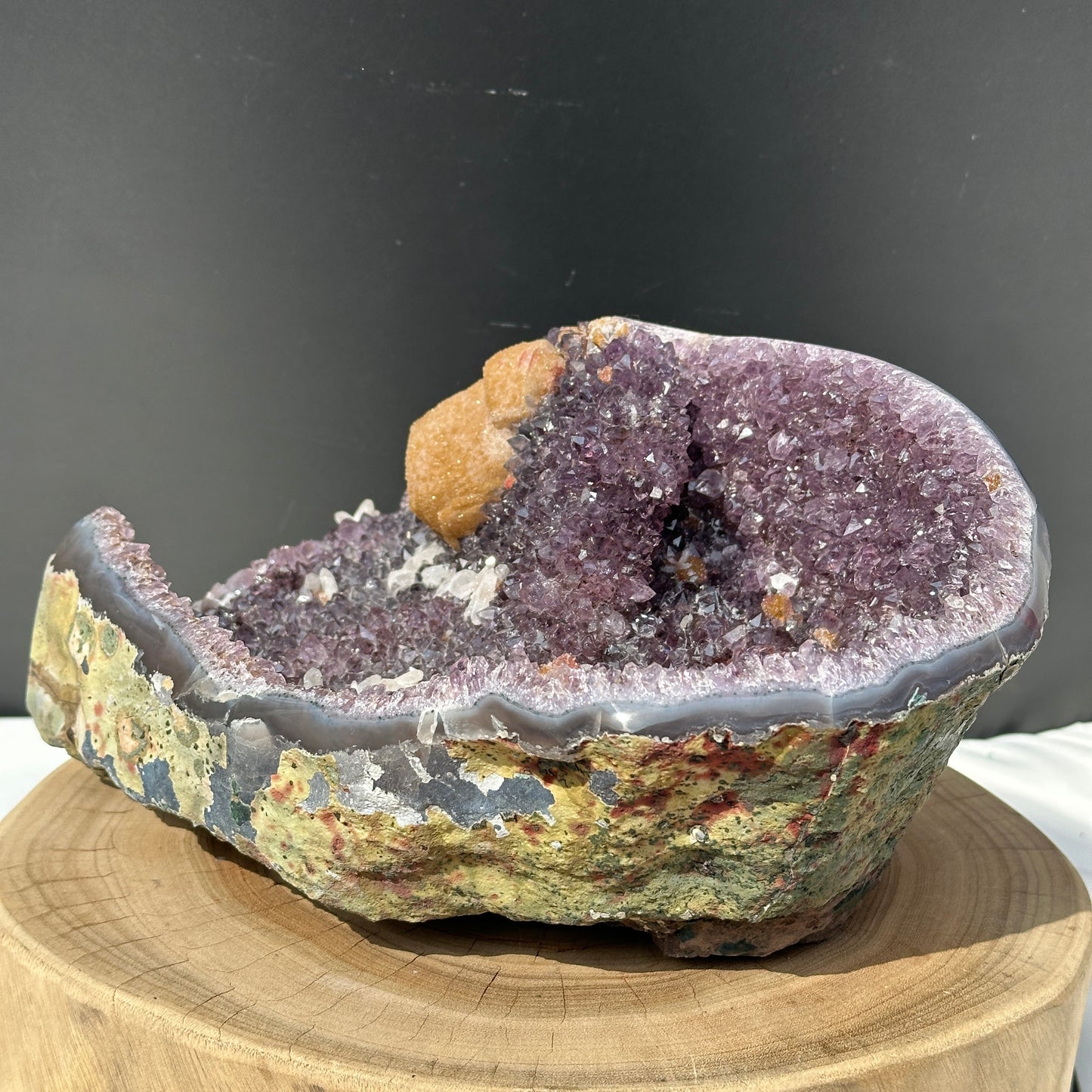 Huge Amethyst Geode Basin with Dual Calcite Symbiosis, Brazilian Crystal Wealth Bowl, Artisan Polished Specimen Exact 11.46lb