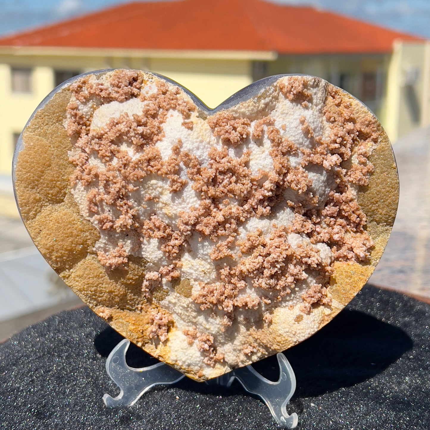 Rare Pink Calcite on Yellow Agate Heart (1.65lb) | Symbiotic Brazilian Mineral Specimen | Golden Druzy Crystal Flower | 6.1" Large Decor