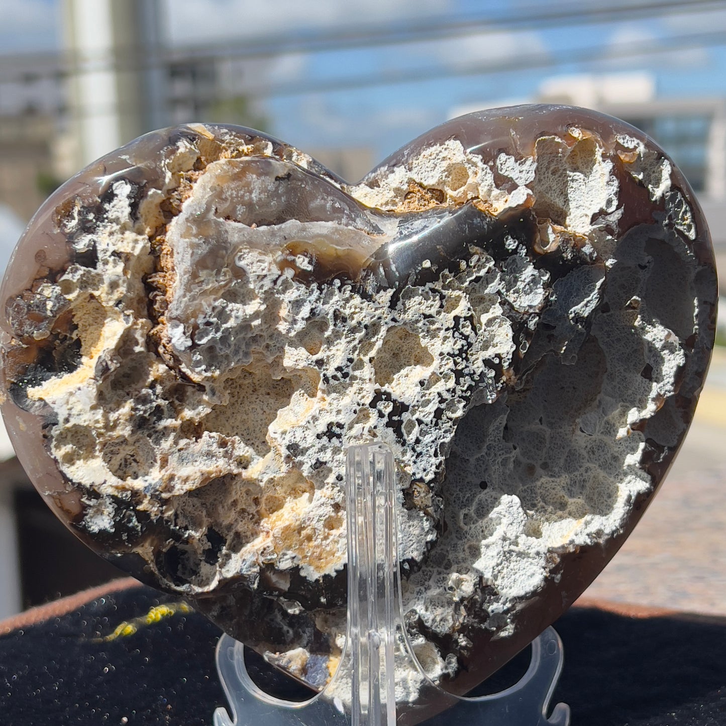 Rare Pink Calcite on Yellow Agate Heart (1.65lb) | Symbiotic Brazilian Mineral Specimen | Golden Druzy Crystal Flower | 6.1" Large Decor