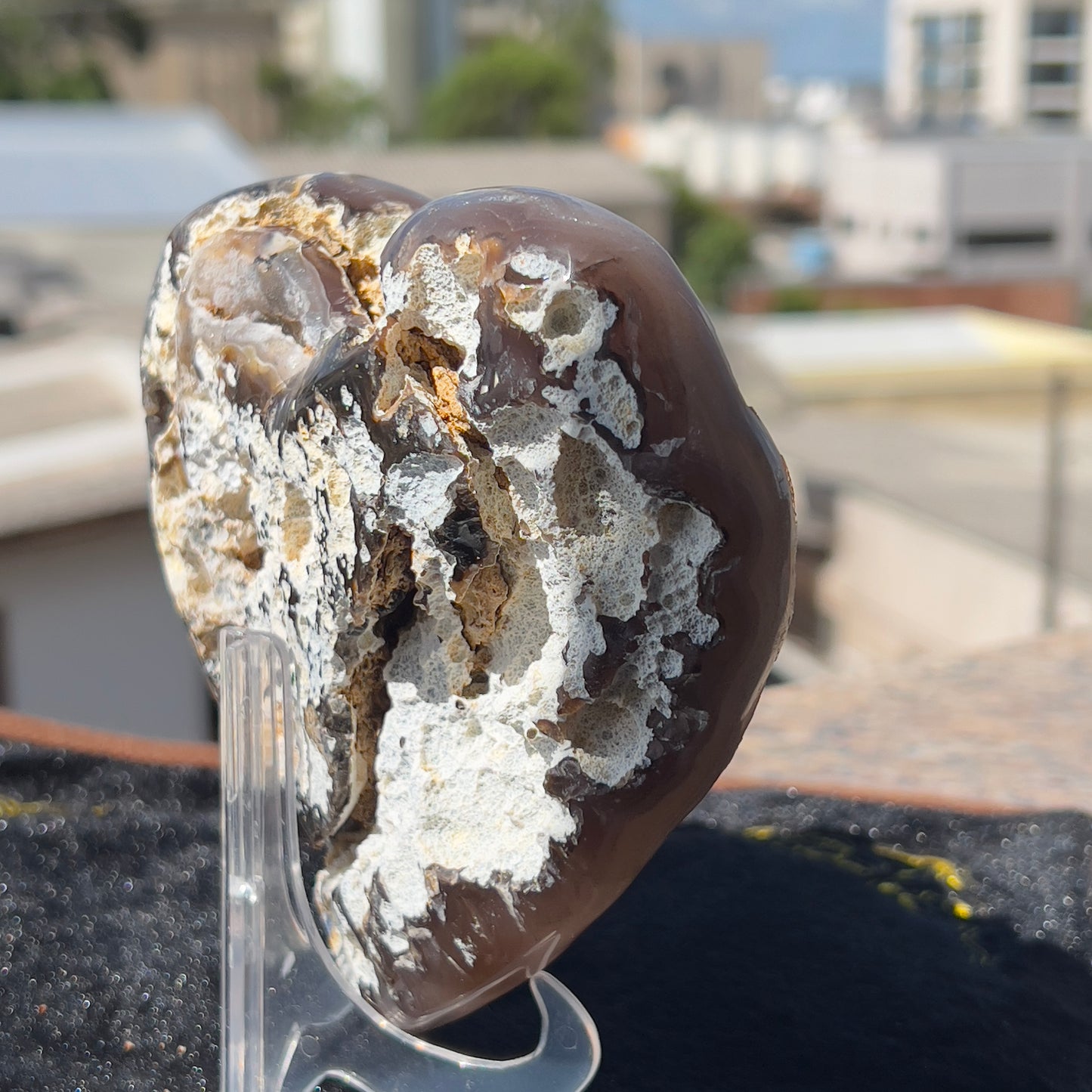 Rare Pink Calcite on Yellow Agate Heart (1.65lb) | Symbiotic Brazilian Mineral Specimen | Golden Druzy Crystal Flower | 6.1" Large Decor