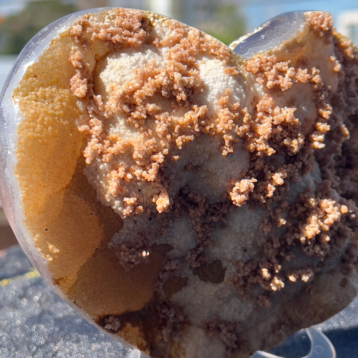 Rare Pink Calcite on Yellow Agate Heart (1.65lb) | Symbiotic Brazilian Mineral Specimen | Golden Druzy Crystal Flower | 6.1" Large Decor
