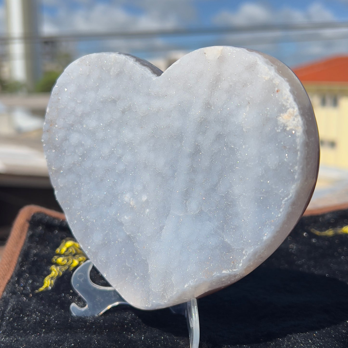 Large Sugar Agate Heart 1.4lb | White Druzy Front & Red Back | Brazilian Crystal Carving | Unique Love Gift | Sparkle Decor