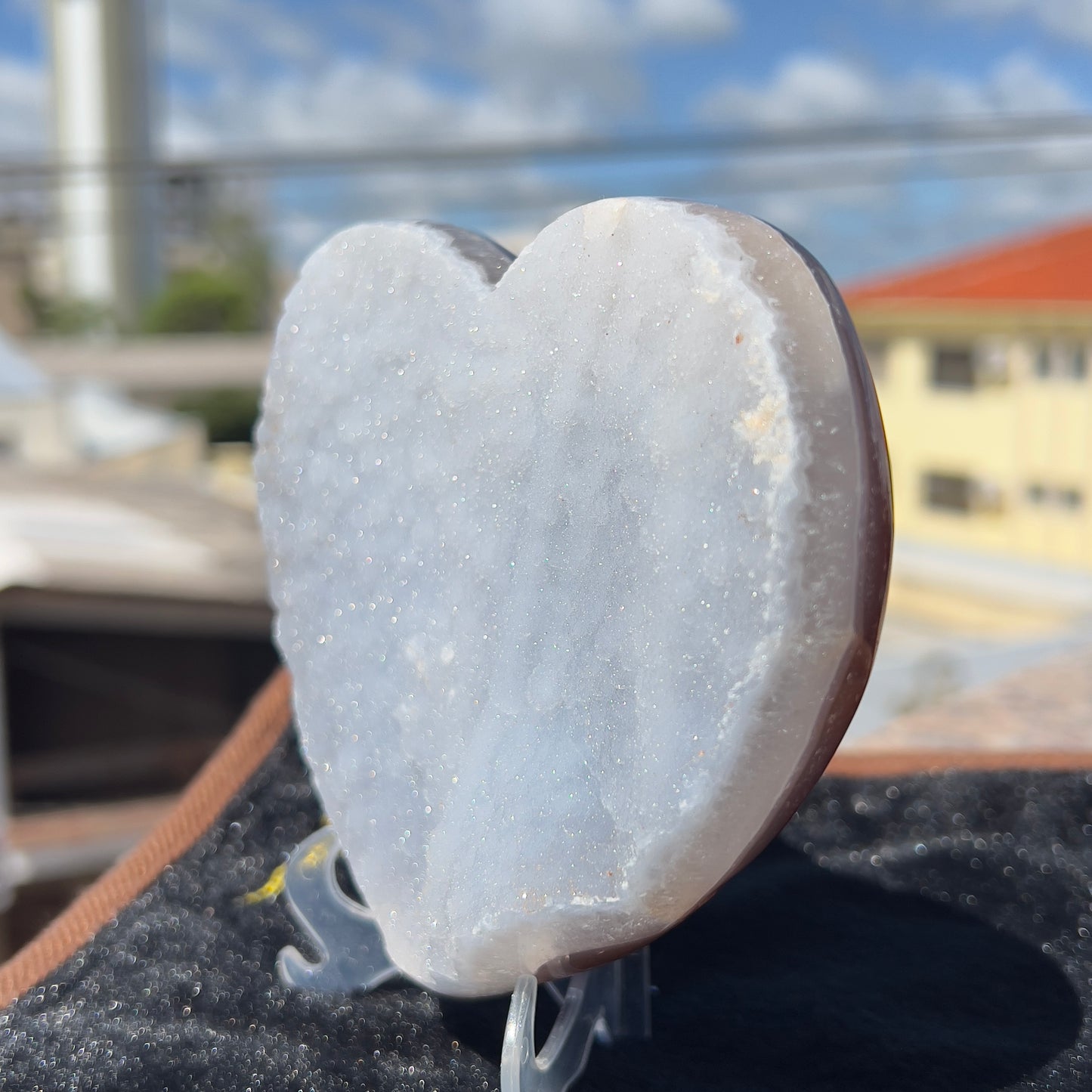 Large Sugar Agate Heart 1.4lb | White Druzy Front & Red Back | Brazilian Crystal Carving | Unique Love Gift | Sparkle Decor