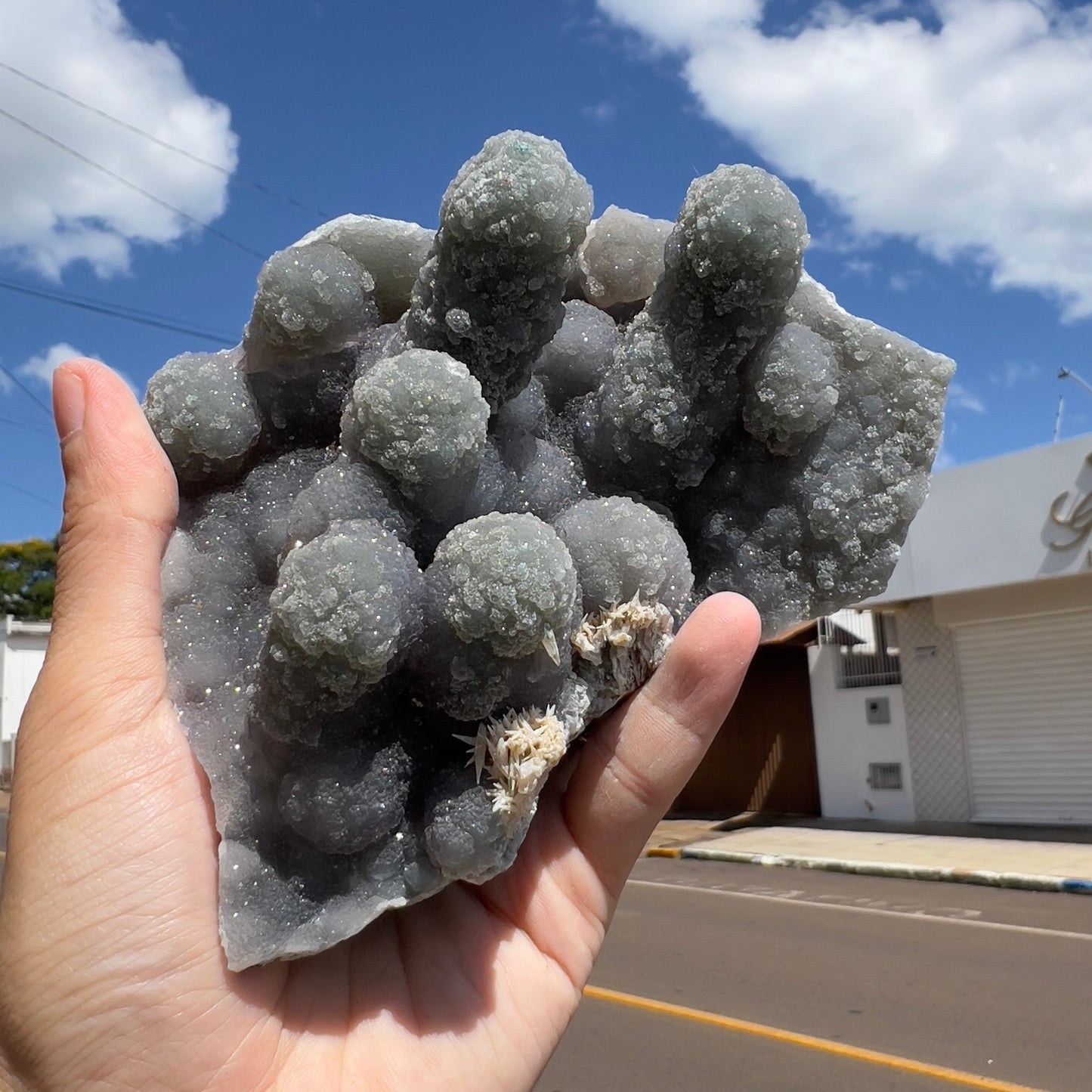 Rare Green Amethyst Stalactite Cluster (1lb) | Brazilian Prasiolite Specimen | Botryoidal Sugar Druzy | Calcite Flower Inclusions | 5.5"