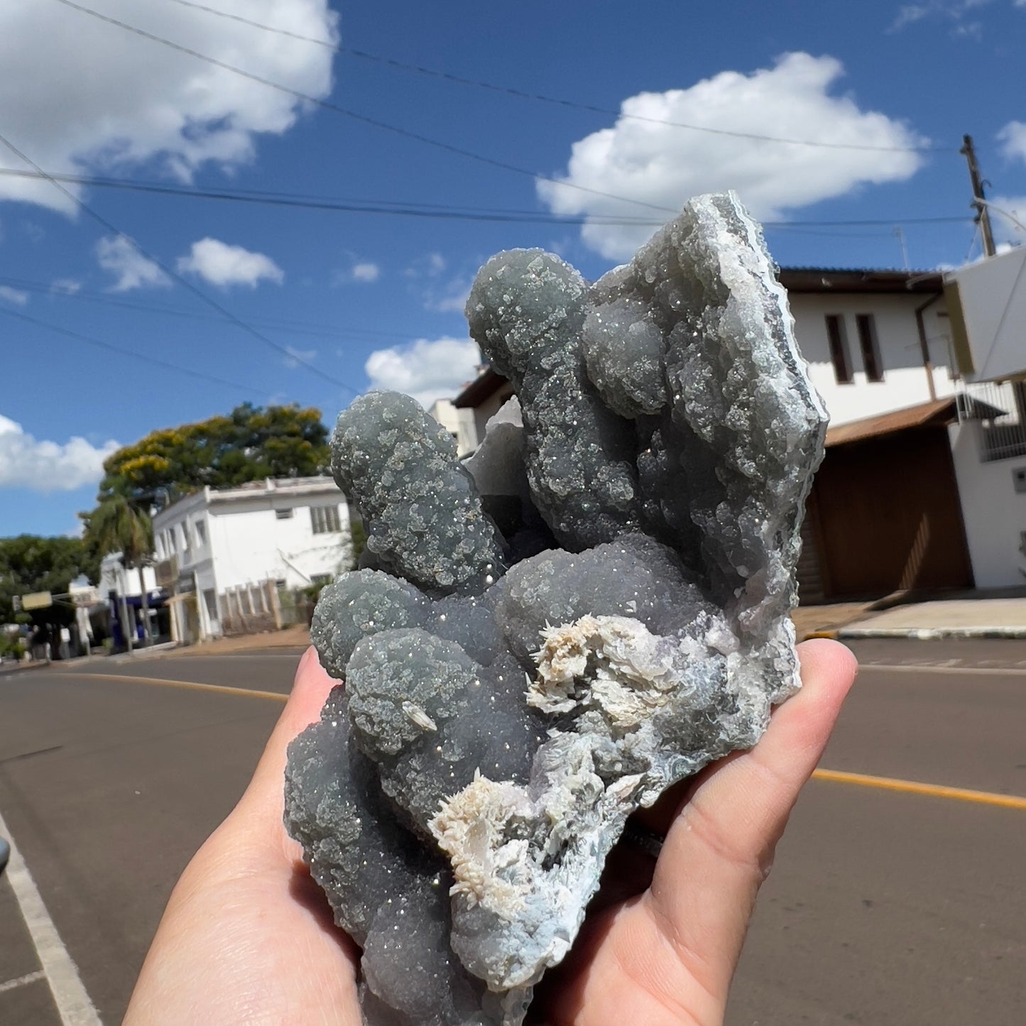 Rare Green Amethyst Stalactite Cluster (1lb) | Brazilian Prasiolite Specimen | Botryoidal Sugar Druzy | Calcite Flower Inclusions | 5.5"