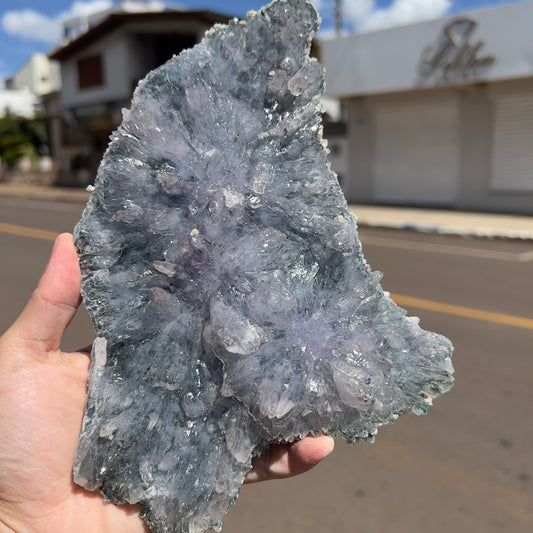 Large Amethyst Flower Slice (9") | Brazilian "Anomaly" Crystal Plate | Radiating Rosette Slab | Rare Thin Specimen | Fossil Look Decor