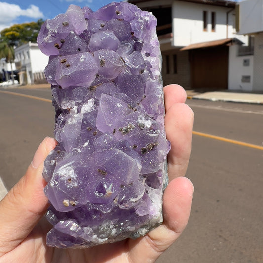 Sugar Amethyst Cluster with Calcite (0.6lb) | Rare Brazilian Frosty Purple Crystal | Sparkly Raw Mineral Specimen | 4" Unique Decor Gift