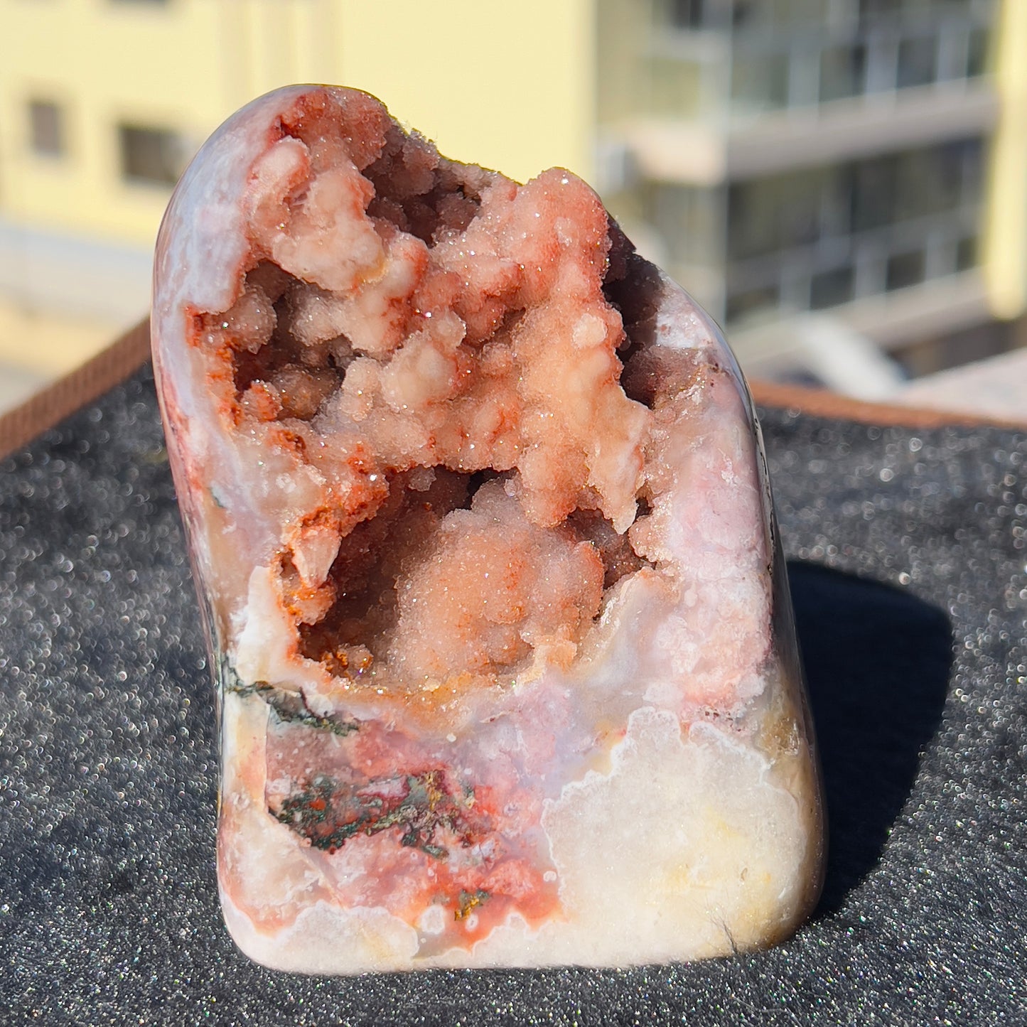 Brazilian Pink Amethyst Crystal on Stand, Dark Pink Druzy Geode, Heart Chakra Healing Decor, Romantic Bedroom Art, Love Stone Gift