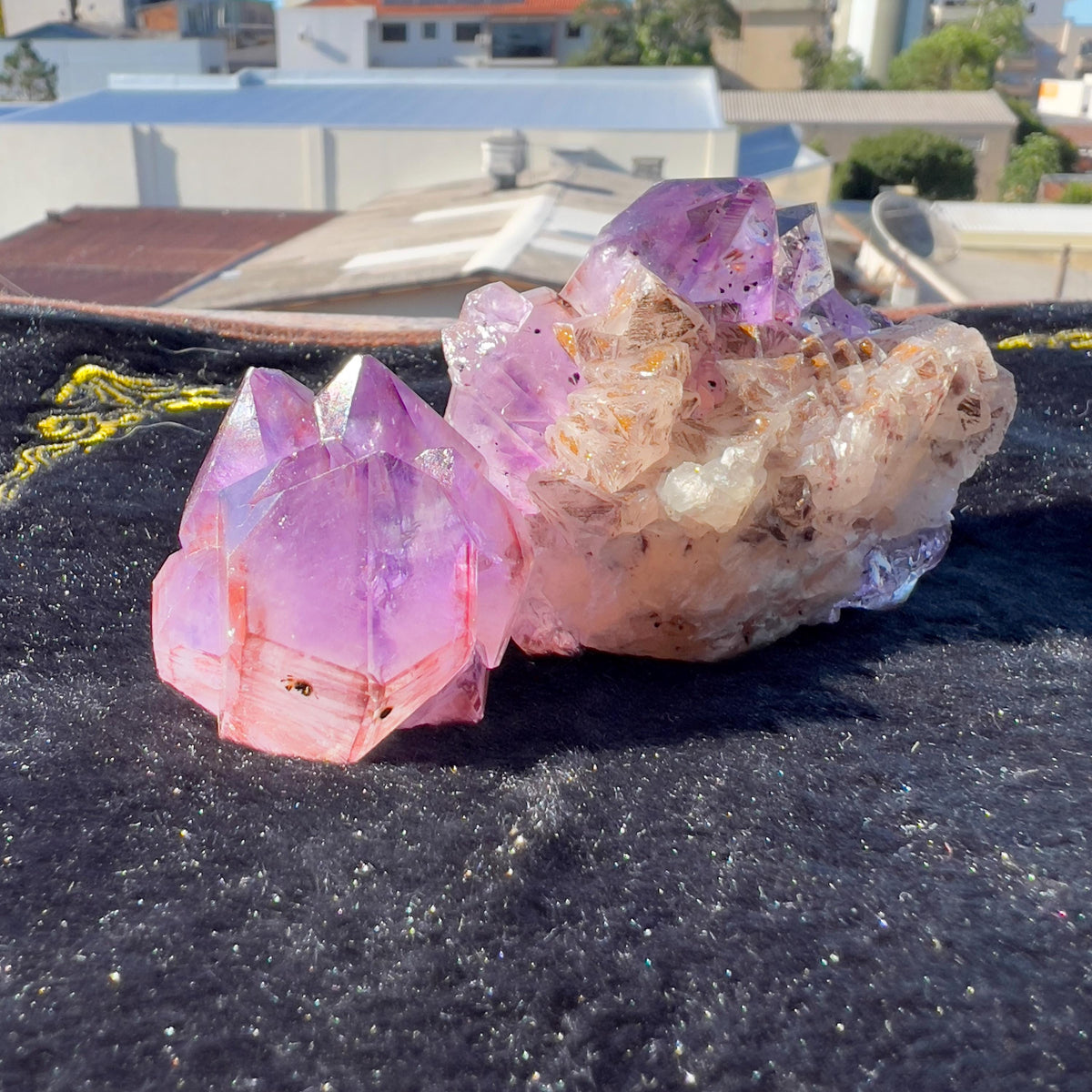 Set of 2 Red Rutilated Amethyst & Sparkly Yellow Calcite, Rare Raw Purple Crystal Symbiosis, Exact Brazil Mineral Specimen 196g - view 7