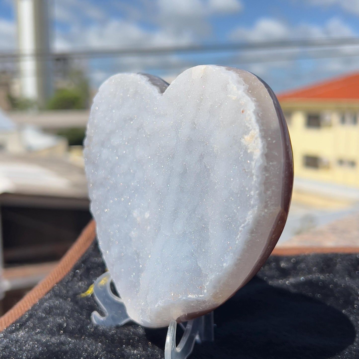 Large Sugar Agate Heart 1.4lb | White Druzy Front & Red Back | Brazilian Crystal Carving | Unique Love Gift | Sparkle Decor