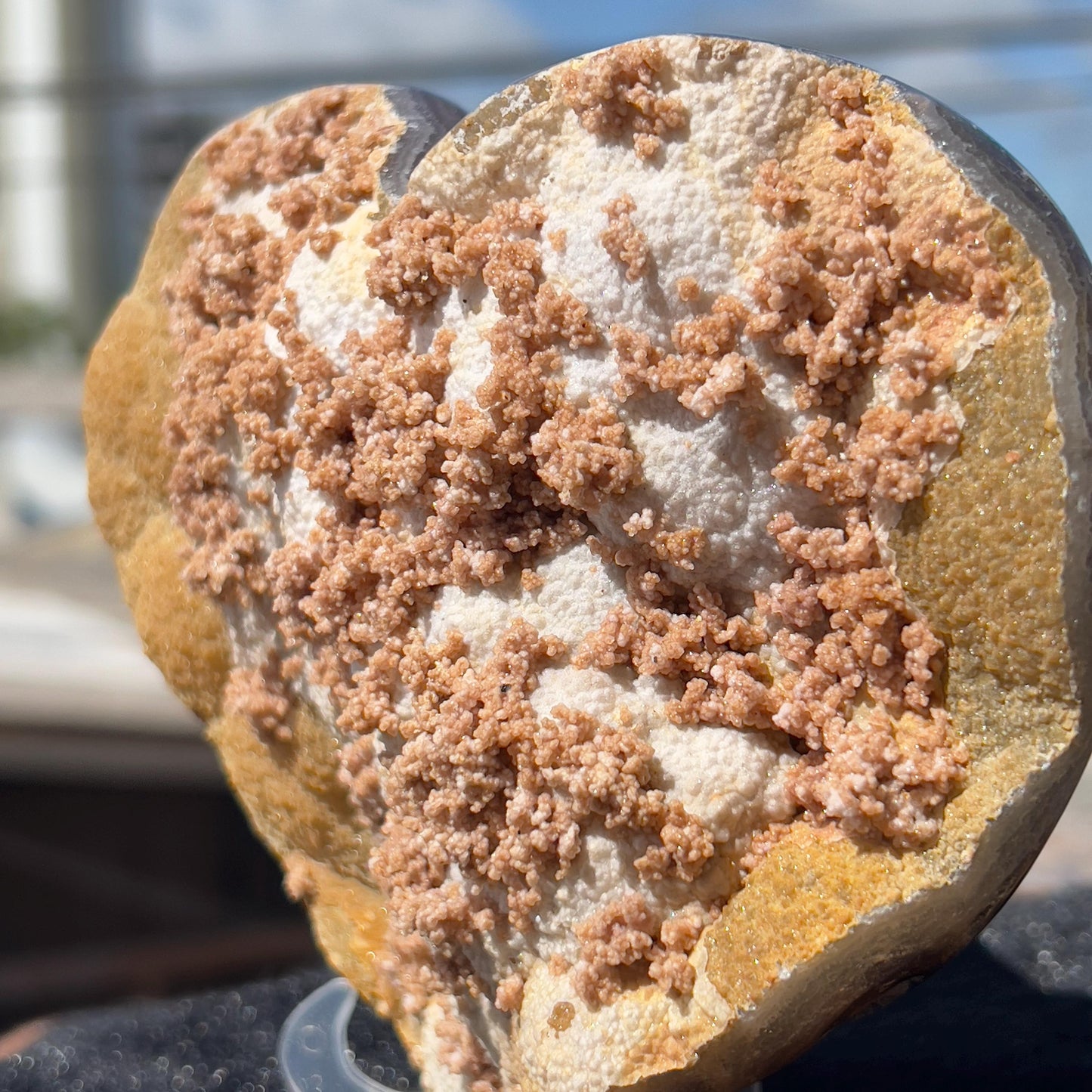 Rare Pink Calcite on Yellow Agate Heart (1.65lb) | Symbiotic Brazilian Mineral Specimen | Golden Druzy Crystal Flower | 6.1" Large Decor