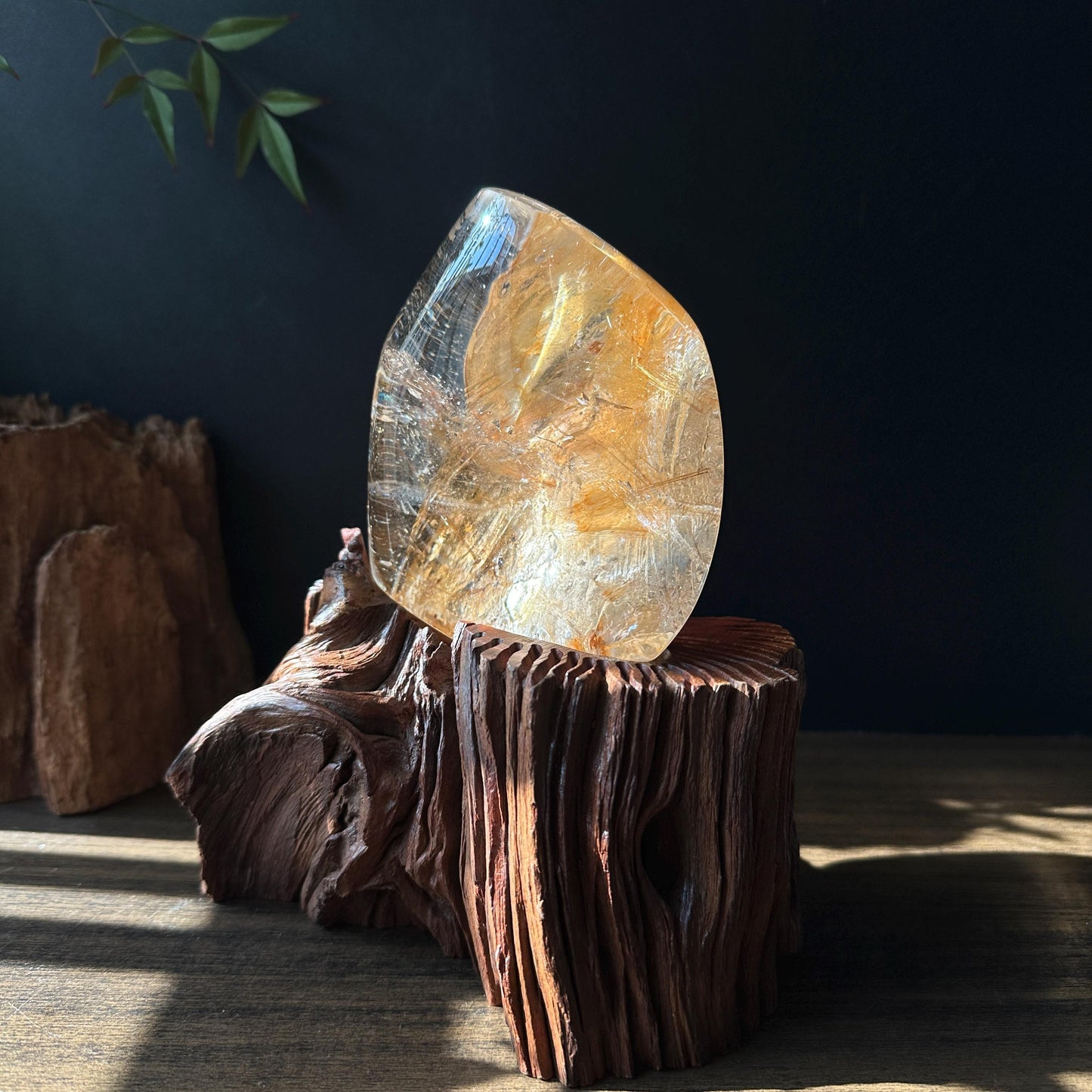 Rare Rutilated Yellow Hematoid Quartz on Custom Wood Stand, Golden Healer Crystal Freeform Decor, Exact Brazil Specimen 3.82lb