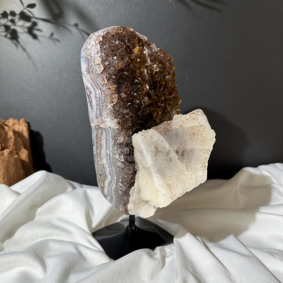 Giant Calcite & Rutilated Amethyst Symbiosis on Custom Stand, Rare Golden Druzy Crystal Decor, Exact Brazil Specimen 5.07lb - view 4