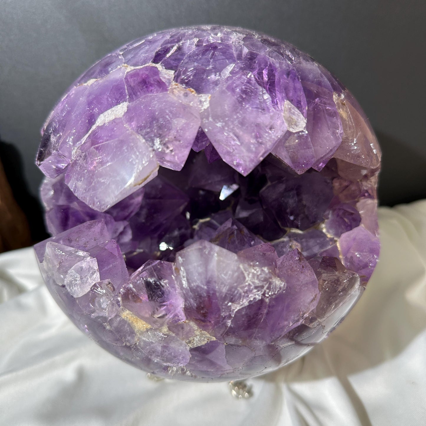 Giant Amethyst Smile Geode Sphere, Rare No Matrix Clear Big Points, Polished Purple Open Mouth Crystal + Free Stand 12.46lb Exact