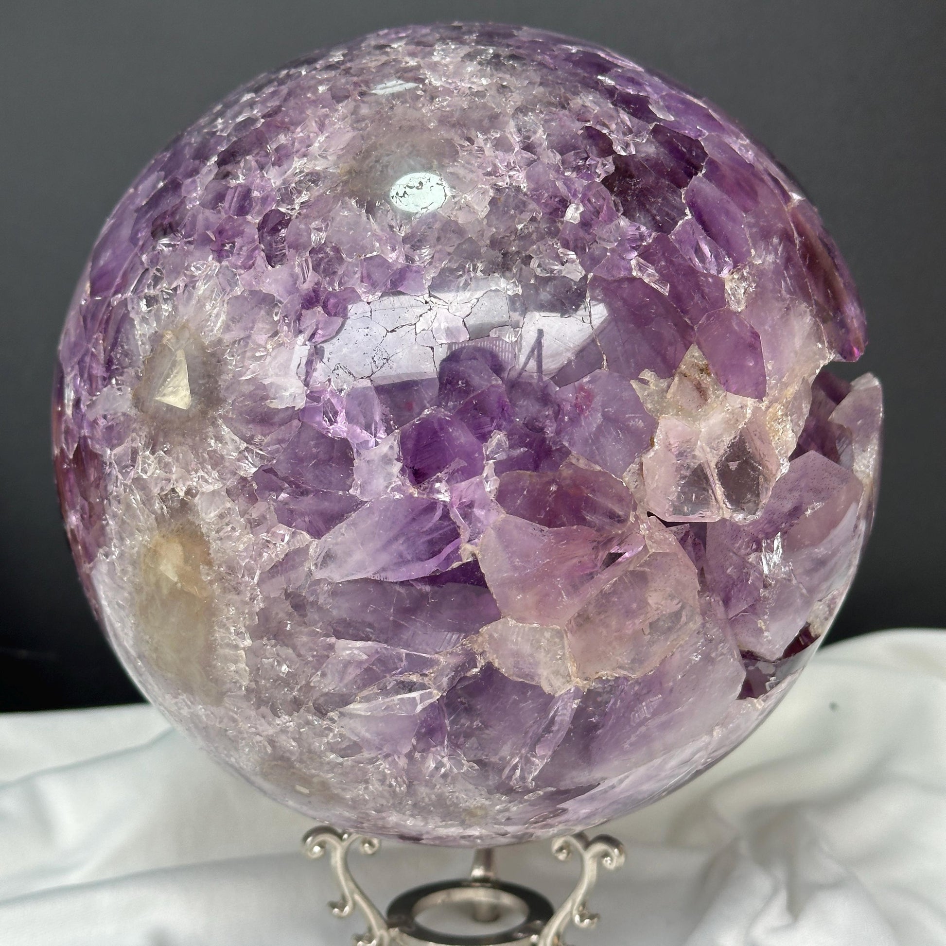 Giant Amethyst Smile Geode Sphere, Rare No Matrix Clear Big Points, Polished Purple Open Mouth Crystal + Free Stand 12.46lb Exact - view 10
