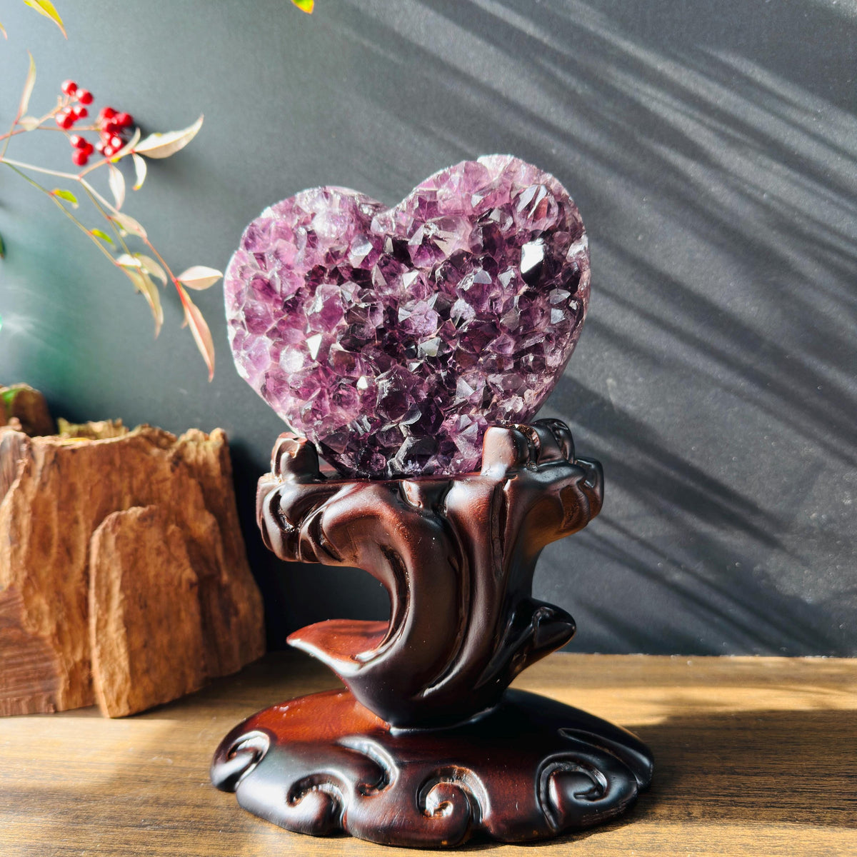 Premium Brazilian Amethyst Heart on Carved Wood Stand, High Quality Purple Crystal Decor, Healing Druzy Exact Specimen 2.87lb - view 4