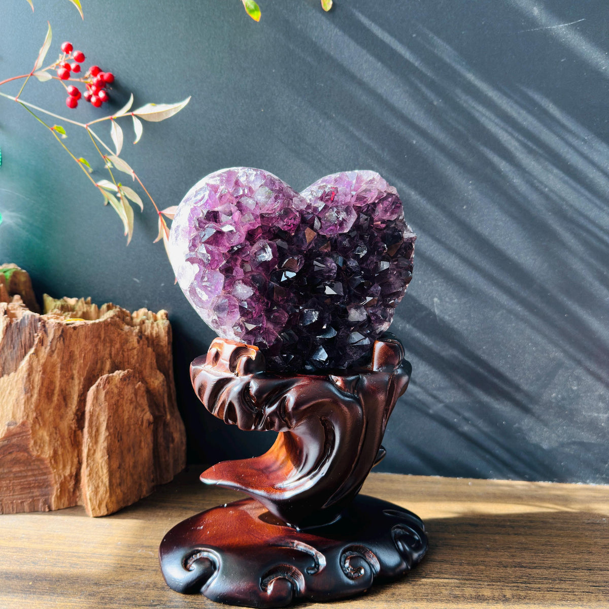 Premium Brazilian Amethyst Heart on Carved Wood Stand, High Quality Purple Crystal Decor, Healing Druzy Exact Specimen 2.87lb - view 7