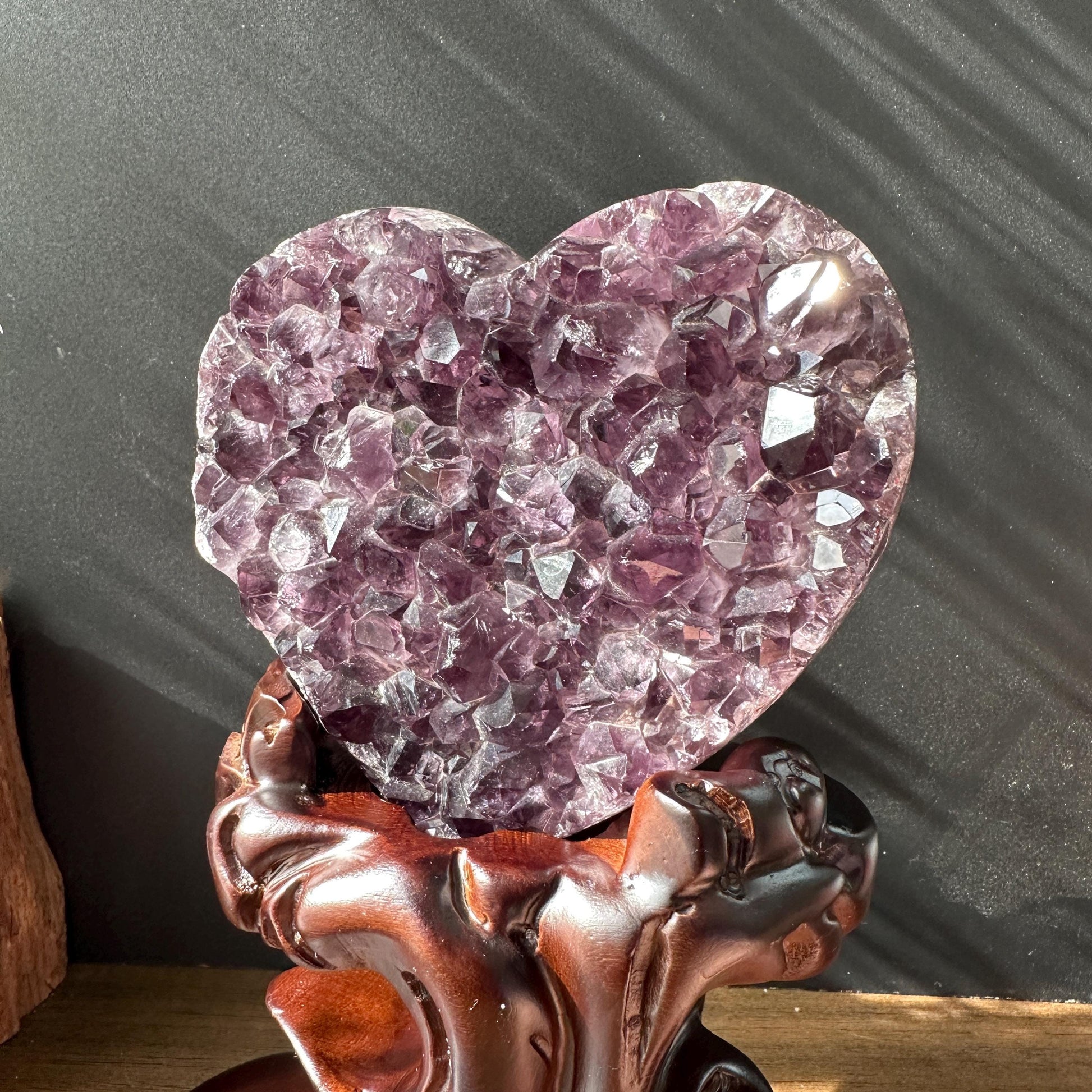 Premium Brazilian Amethyst Heart on Carved Wood Stand, High Quality Purple Crystal Decor, Healing Druzy Exact Specimen 2.87lb - view 10
