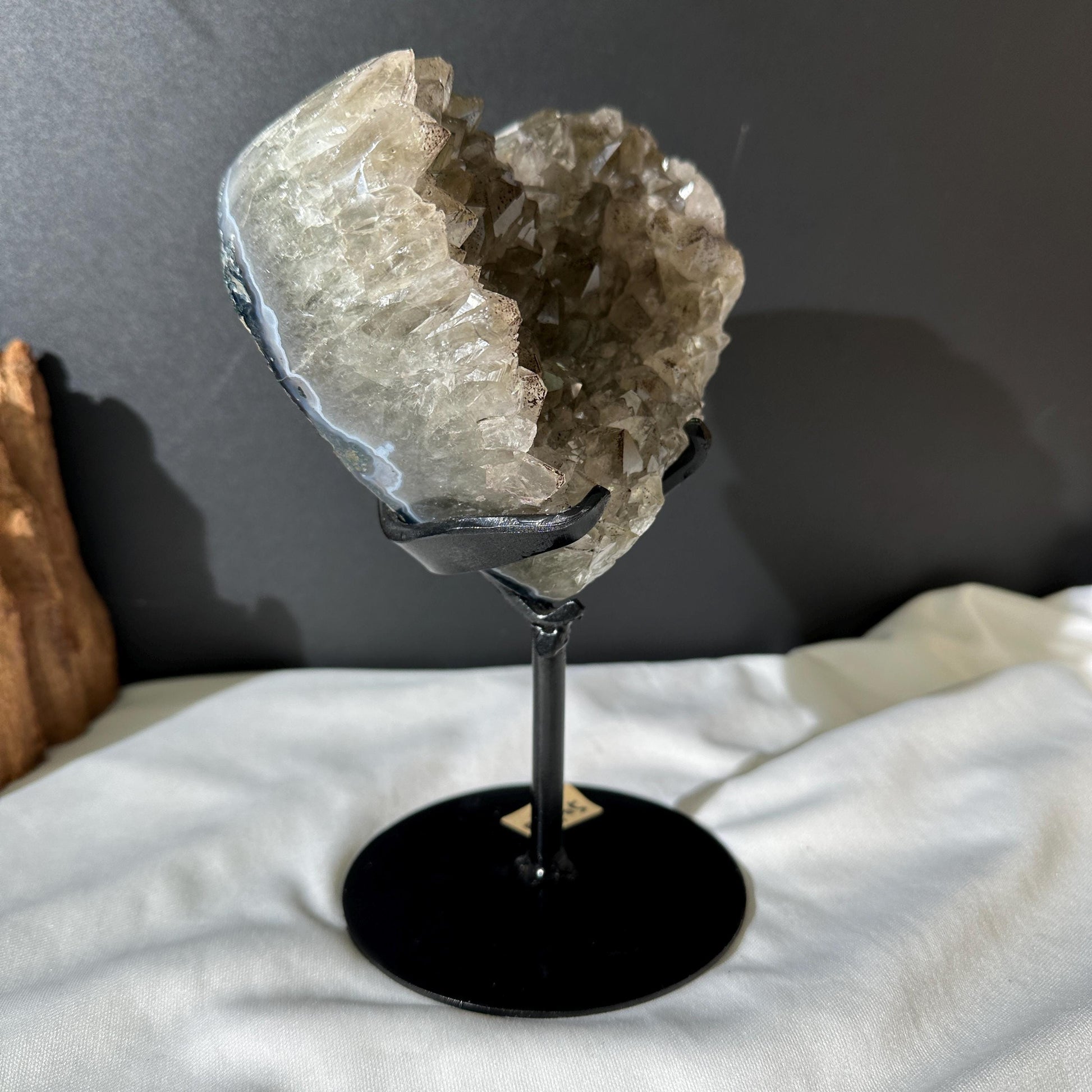Rare Green Quartz Black Tourmaline Heart on Stand, Tourmalinated Crystal Symbiosis Decor, Brazilian Mineral Geode Exact 2.98lb - view 3