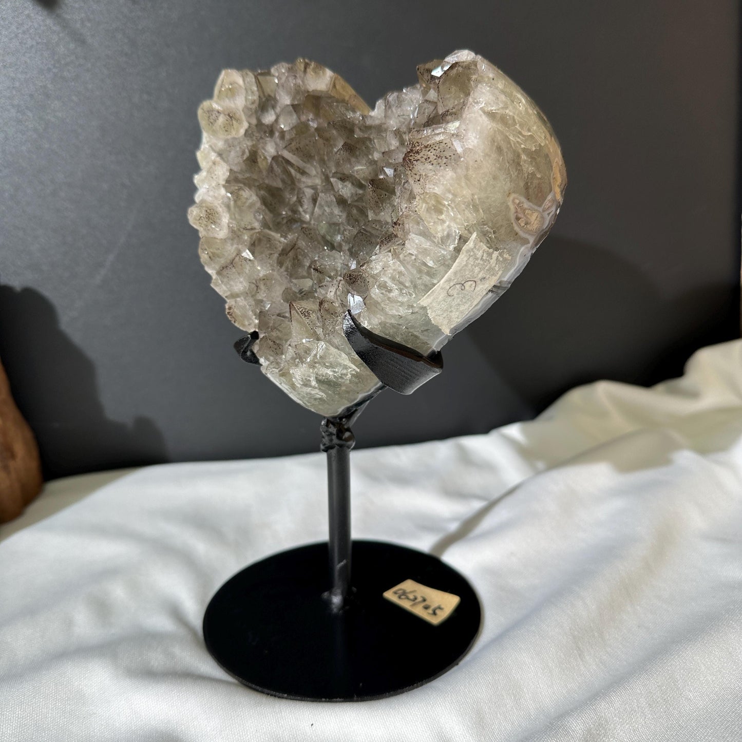 Rare Green Quartz Black Tourmaline Heart on Stand, Tourmalinated Crystal Symbiosis Decor, Brazilian Mineral Geode Exact 2.98lb