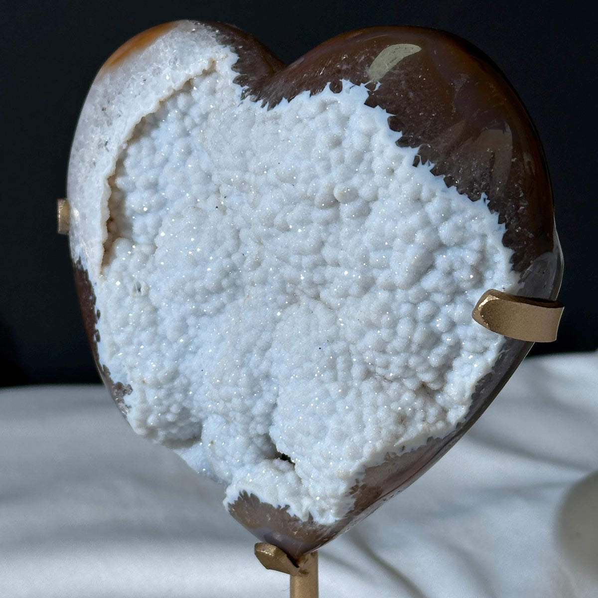 White Sugar Agate Heart on Custom Metal Stand, Sparkling Snow Druzy Crystal Decor, Polished Brazilian Geode Exact Specimen 0.99lb - view 9
