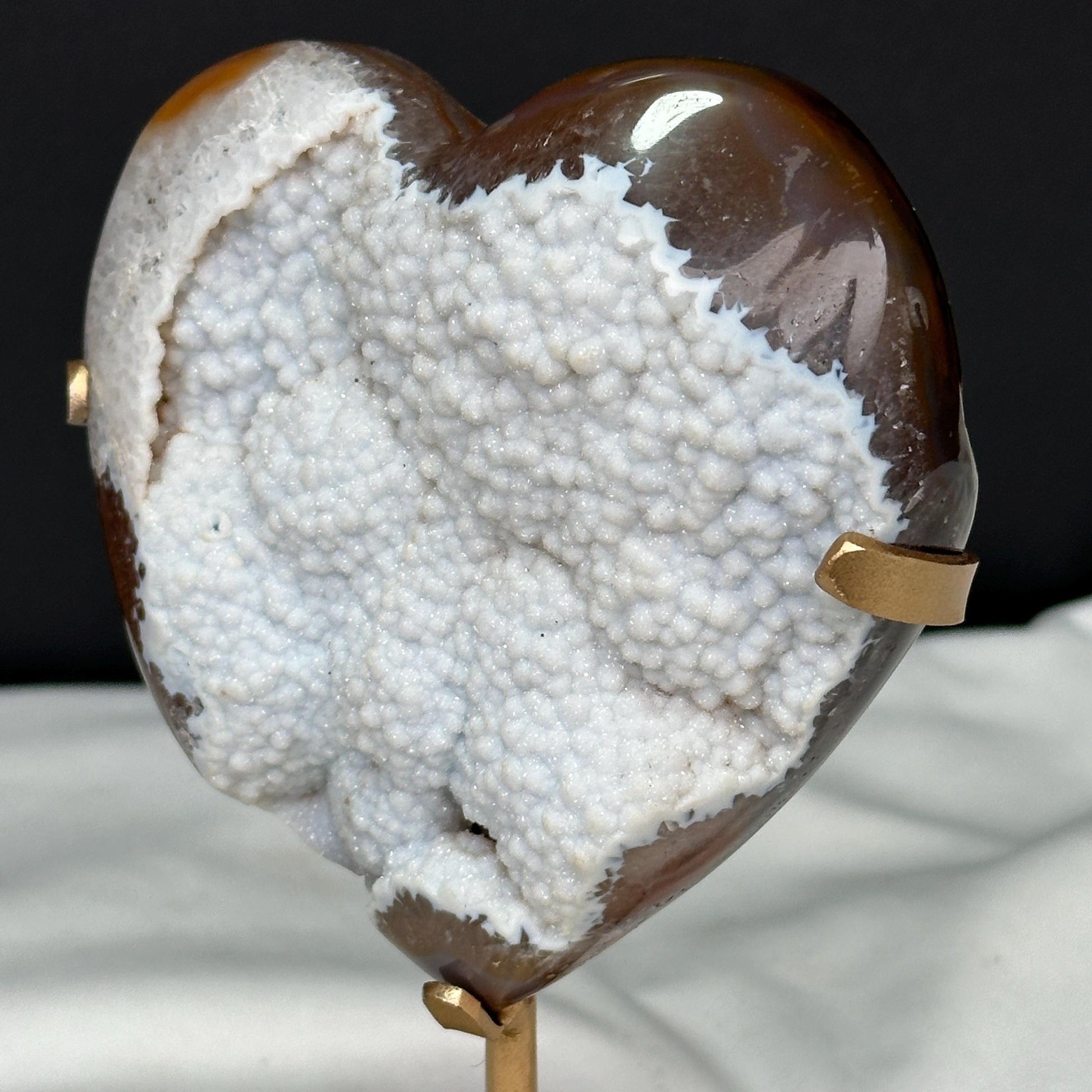 White Sugar Agate Heart on Custom Metal Stand, Sparkling Snow Druzy Crystal Decor, Polished Brazilian Geode Exact Specimen 0.99lb - view 8