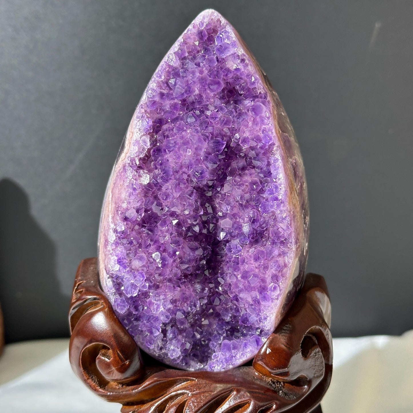 Pink Amethyst & Agate Dragon Egg Geode on Carved Wood Stand, Rare Two-Tone Brazilian Crystal Symbiosis Exact Specimen 2.62lb