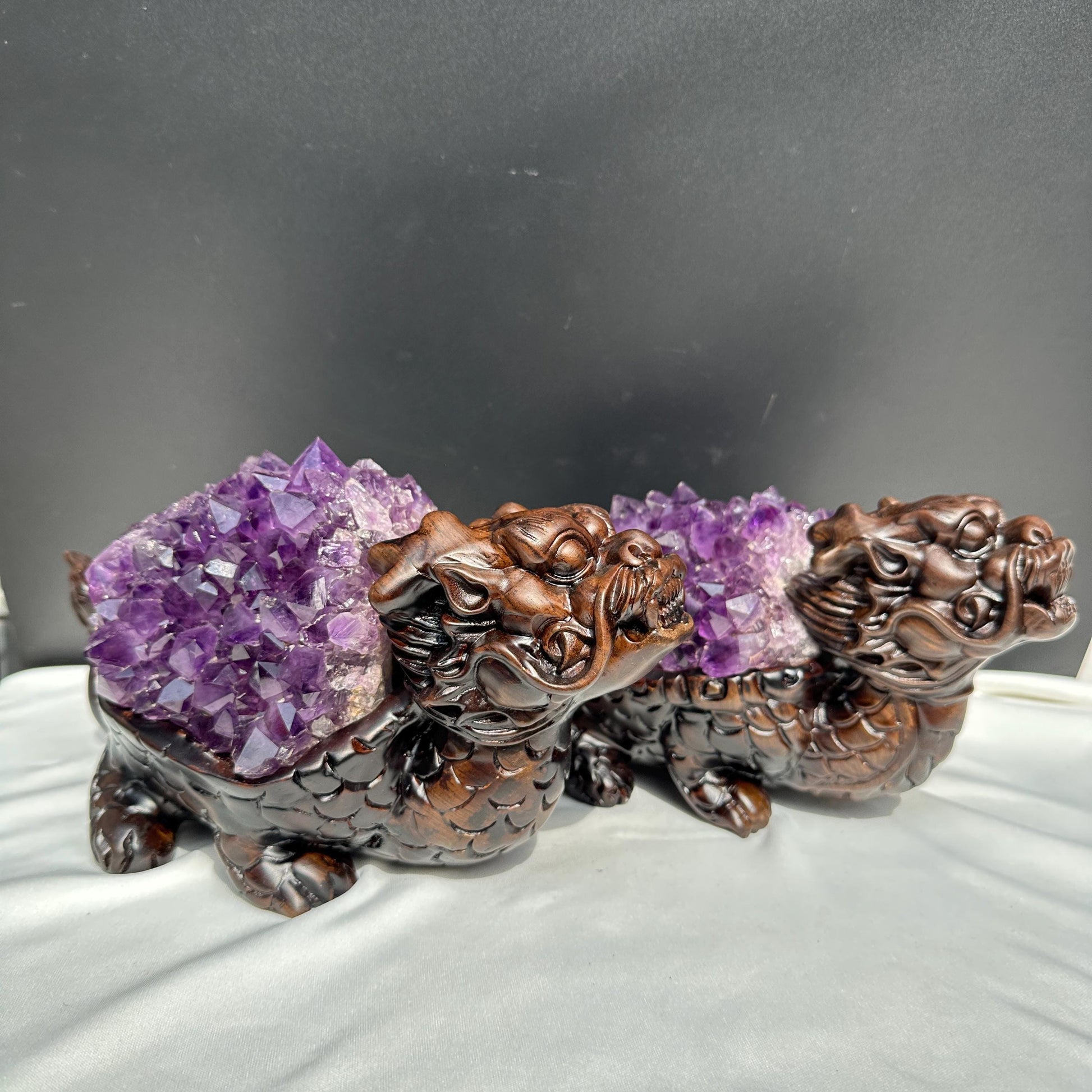 Exclusive Pair of Amethyst Dragon Turtles on Ebony Wood Stands, Hobo Original Design Feng Shui Wealth Decor, Sugar Druzy Crystal Set 14lb - view 2
