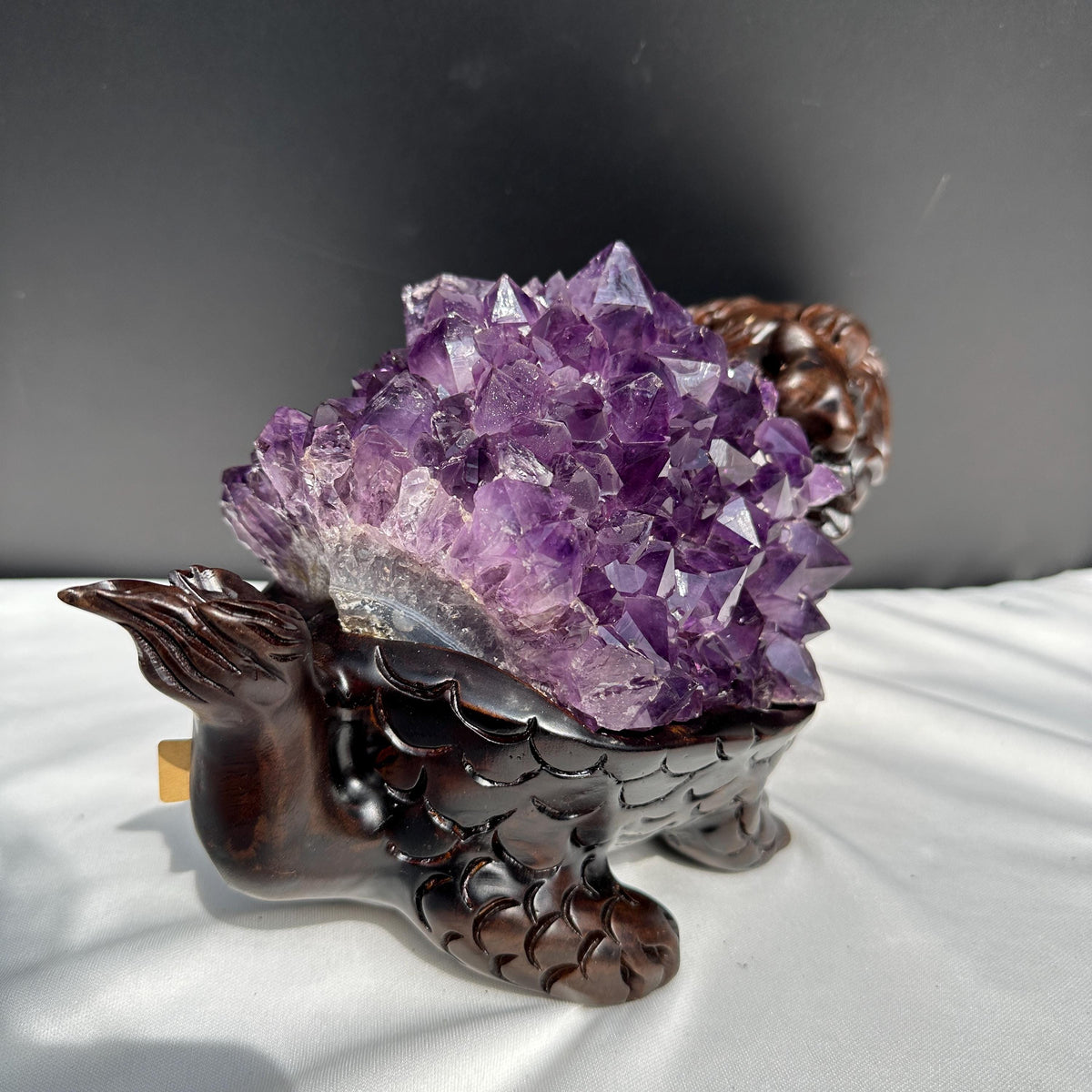 Exclusive Pair of Amethyst Dragon Turtles on Ebony Wood Stands, Hobo Original Design Feng Shui Wealth Decor, Sugar Druzy Crystal Set 14lb - view 5
