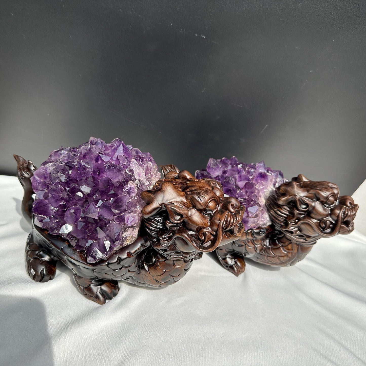 Exclusive Pair of Amethyst Dragon Turtles on Ebony Wood Stands, Hobo Original Design Feng Shui Wealth Decor, Sugar Druzy Crystal Set 14lb - view 3