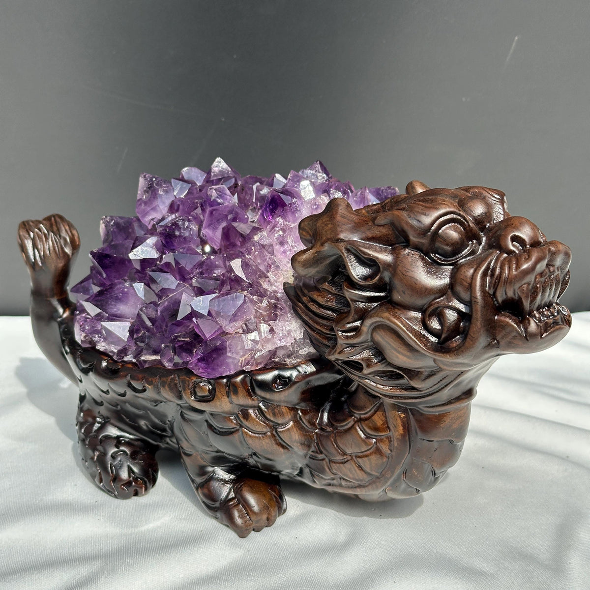 Exclusive Pair of Amethyst Dragon Turtles on Ebony Wood Stands, Hobo Original Design Feng Shui Wealth Decor, Sugar Druzy Crystal Set 14lb - view 9