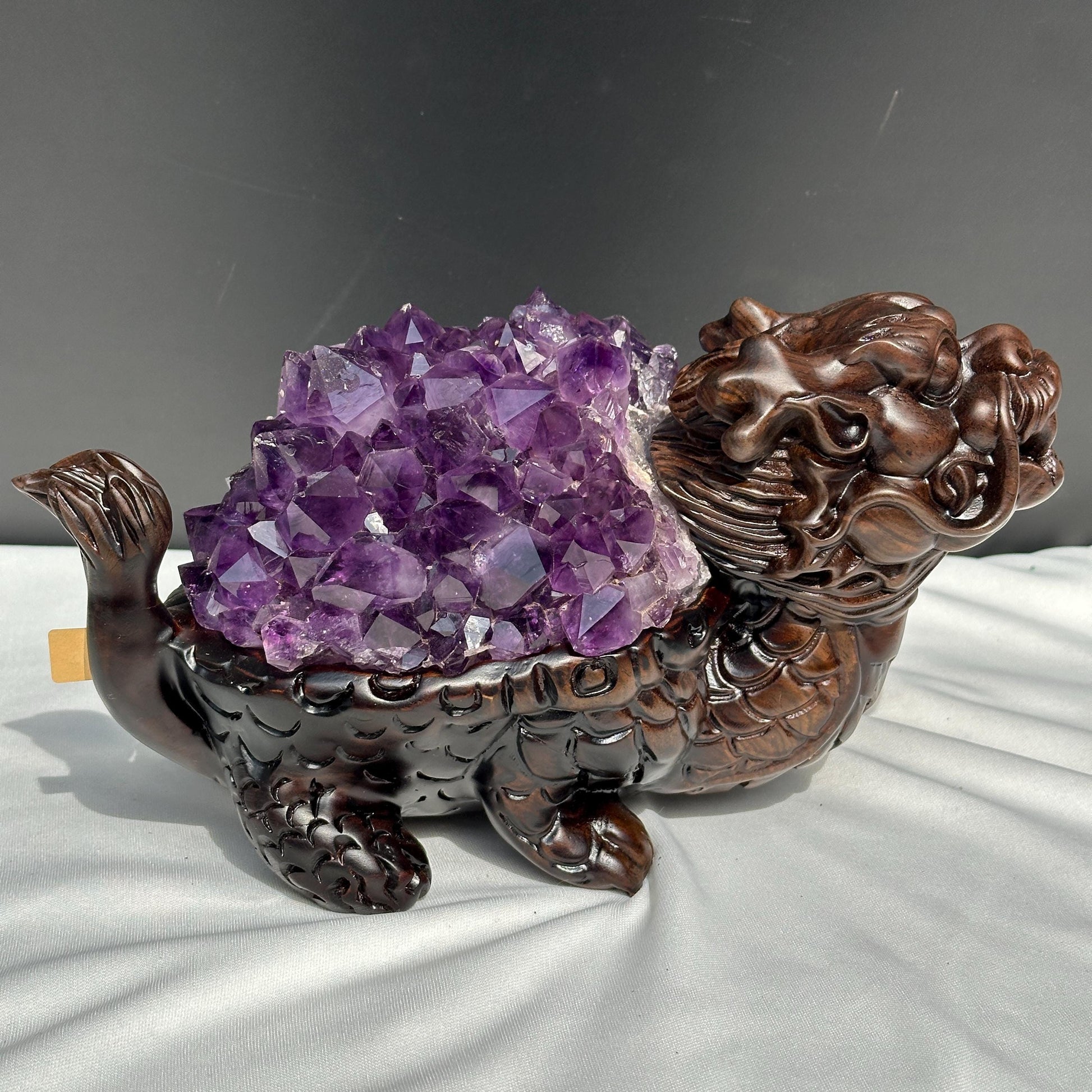 Exclusive Pair of Amethyst Dragon Turtles on Ebony Wood Stands, Hobo Original Design Feng Shui Wealth Decor, Sugar Druzy Crystal Set 14lb - view 10