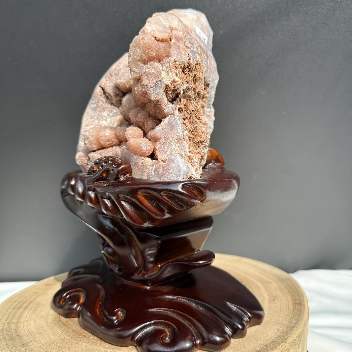 Large Pink Amethyst Geode on Custom Carved Wood Stand, Botryoidal Crystal Cluster Decor, Artisan Design by Hobo Exact Specimen 7.7lb - view 3