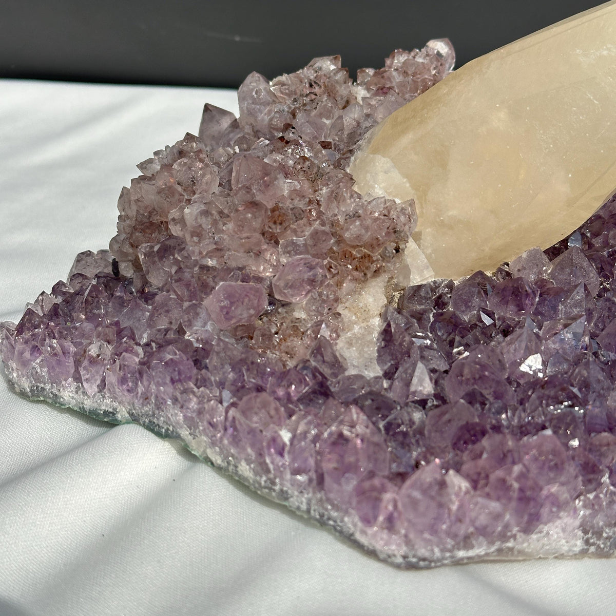 Huge Intact Calcite on Amethyst Cluster, Rare Rutilated Quartz Symbiosis Specimen, Lightly Polished Brazilian Geode by Hobo Exact 5.84lb - view 6