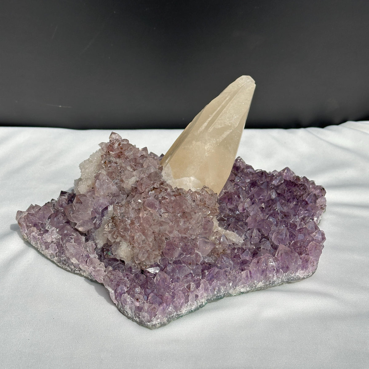Huge Intact Calcite on Amethyst Cluster, Rare Rutilated Quartz Symbiosis Specimen, Lightly Polished Brazilian Geode by Hobo Exact 5.84lb - view 4