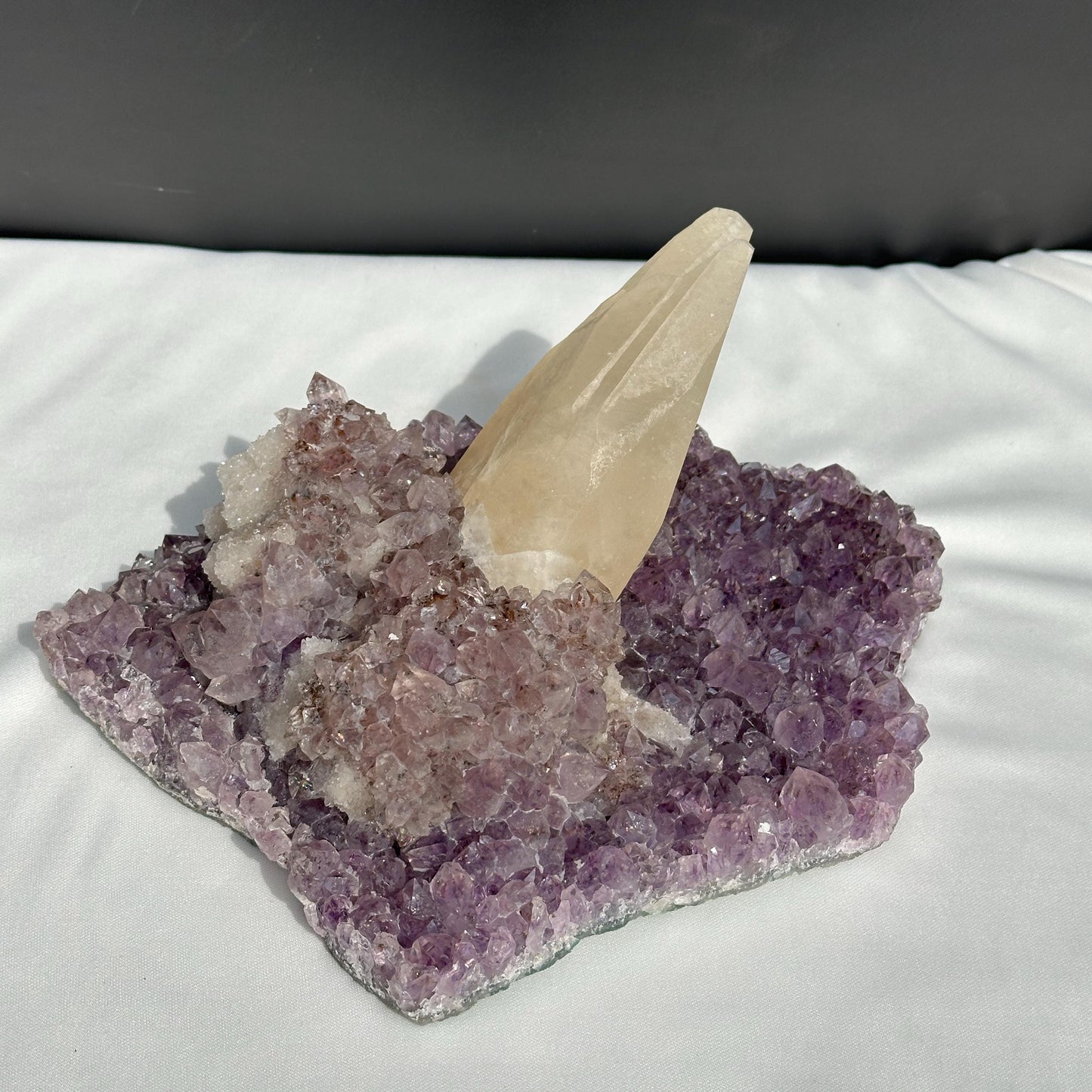 Huge Intact Calcite on Amethyst Cluster, Rare Rutilated Quartz Symbiosis Specimen, Lightly Polished Brazilian Geode by Hobo Exact 5.84lb