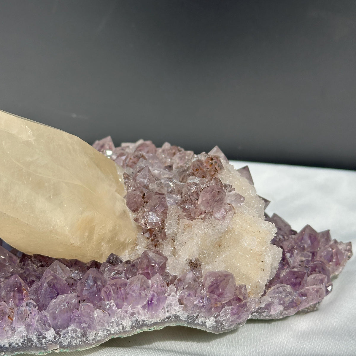 Huge Intact Calcite on Amethyst Cluster, Rare Rutilated Quartz Symbiosis Specimen, Lightly Polished Brazilian Geode by Hobo Exact 5.84lb - view 9