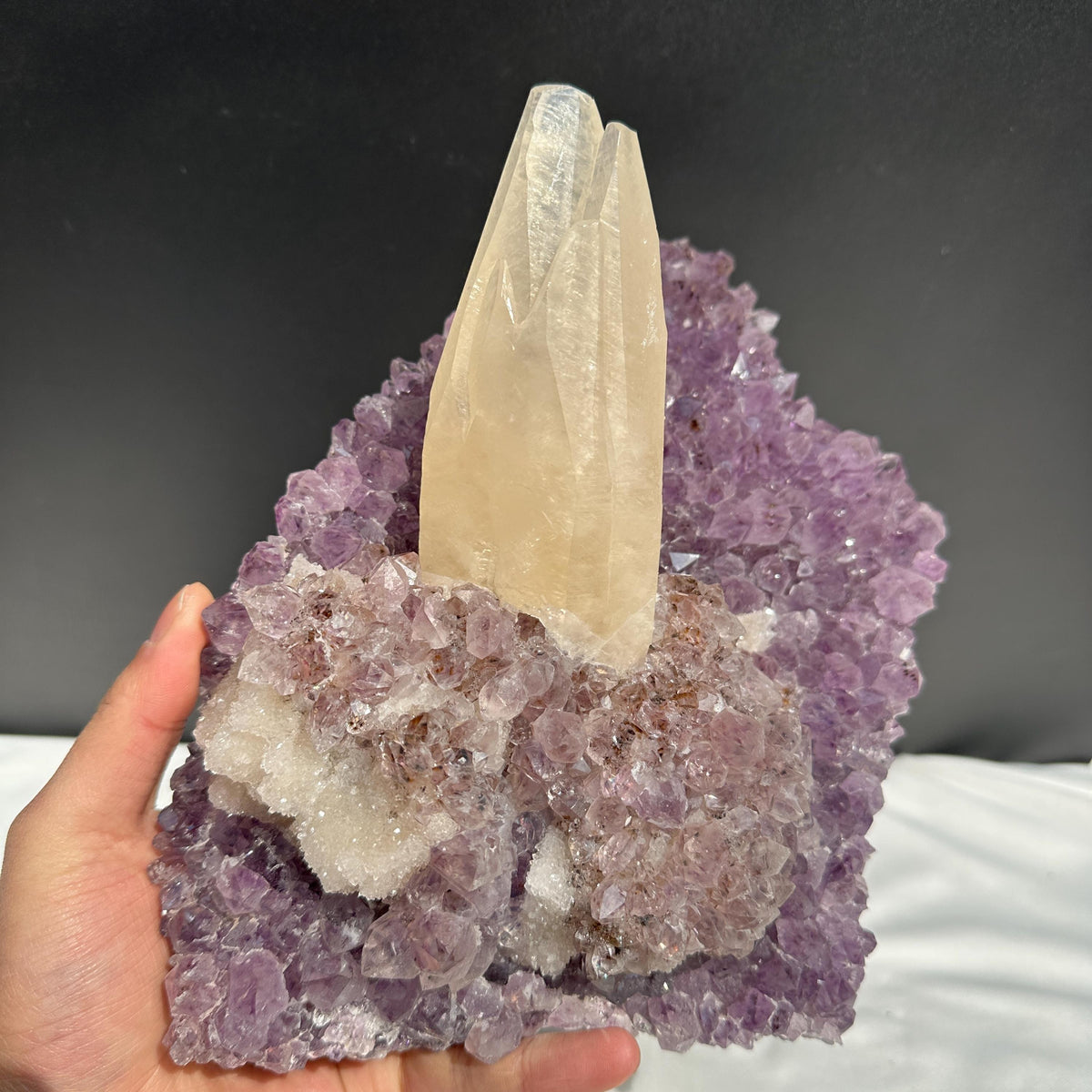 Huge Intact Calcite on Amethyst Cluster, Rare Rutilated Quartz Symbiosis Specimen, Lightly Polished Brazilian Geode by Hobo Exact 5.84lb - view 1