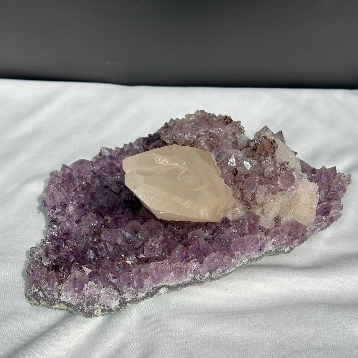 Huge Intact Calcite on Amethyst Cluster, Rare Rutilated Quartz Symbiosis Specimen, Lightly Polished Brazilian Geode by Hobo Exact 5.84lb - view 8