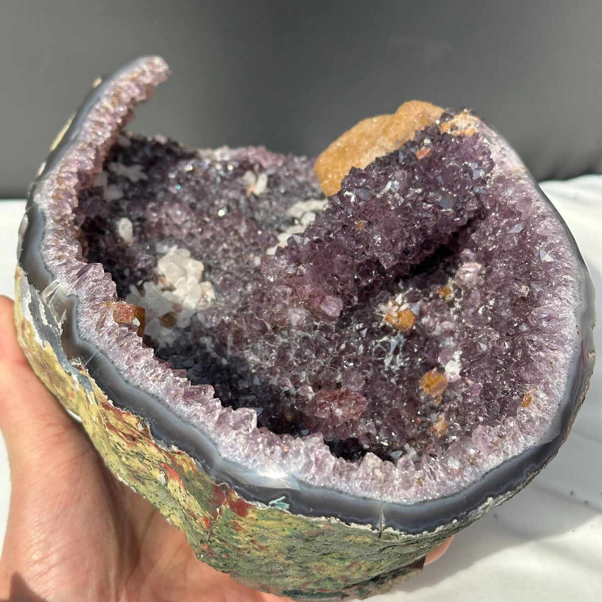 Huge Amethyst Geode Basin with Dual Calcite Symbiosis, Brazilian Crystal Wealth Bowl, Artisan Polished Specimen Exact 11.46lb - view 10