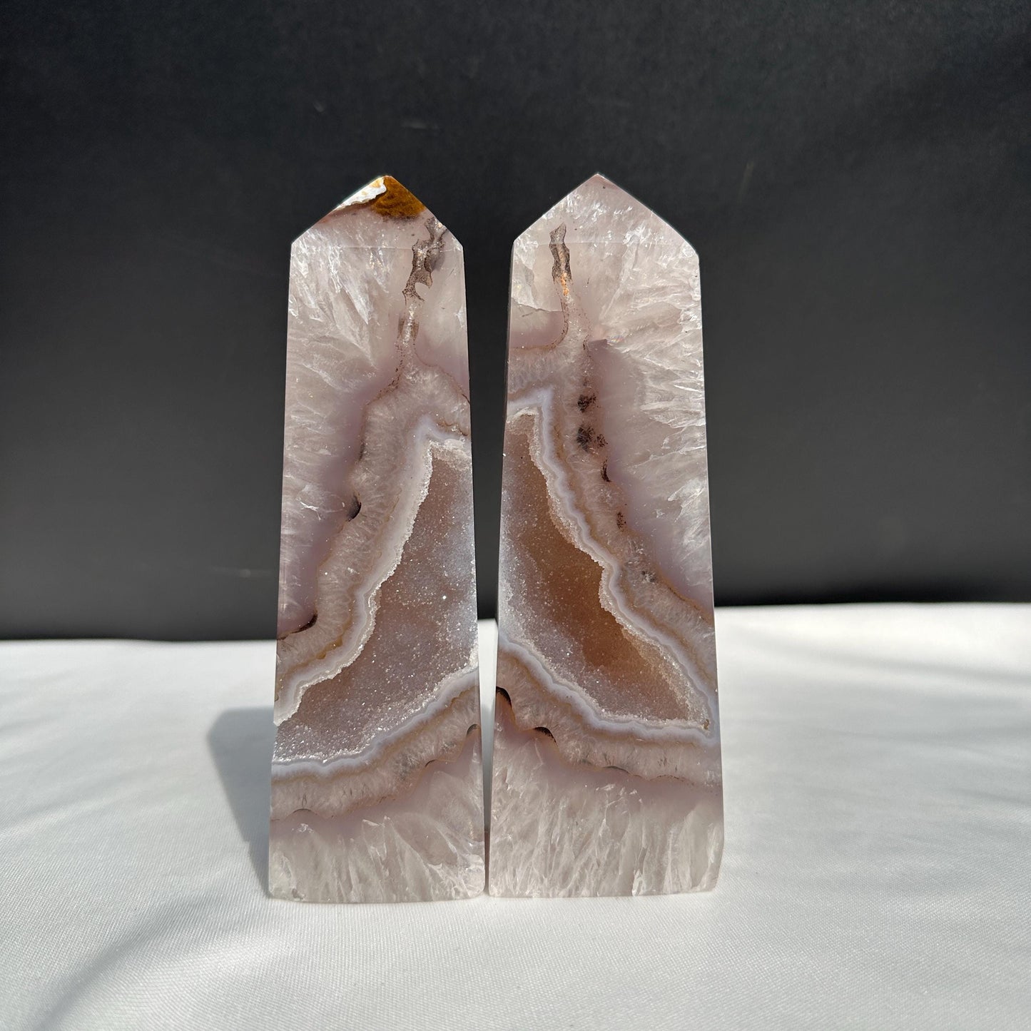 Natural Agate Geode Tower Pair, Brazilian Crystal Obelisk Set with Druzy Cave, Polished Quartz Wand Decor Exact Specimen 2.2lb