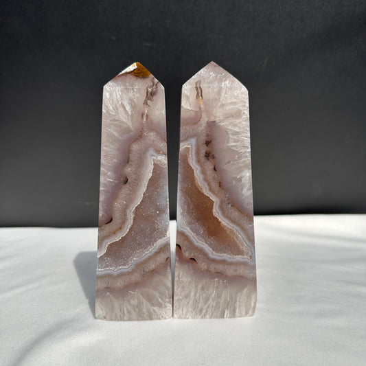 Natural Agate Geode Tower Pair, Brazilian Crystal Obelisk Set with Druzy Cave, Polished Quartz Wand Decor Exact Specimen 2.2lb